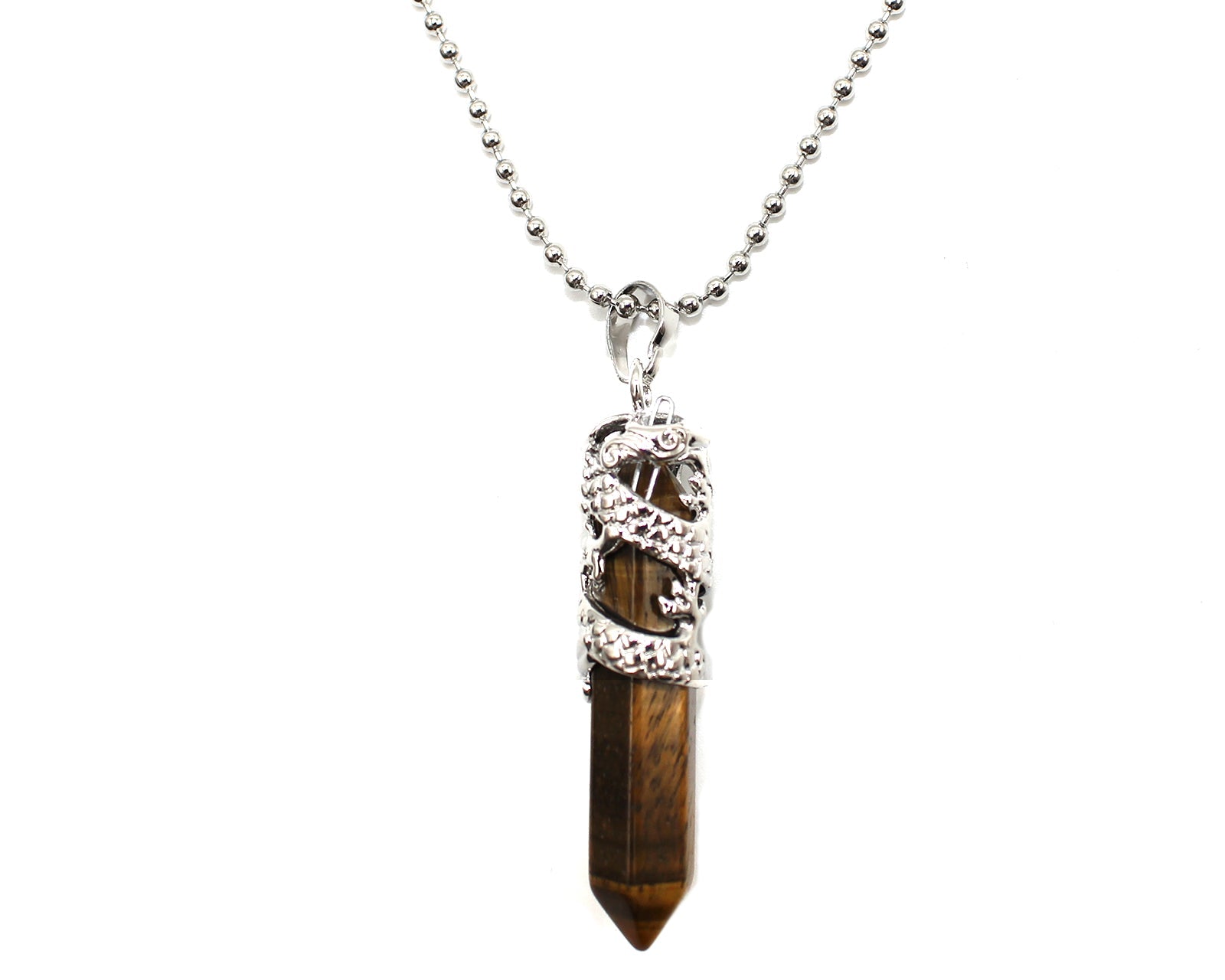Tiger Eye Crystal Dagger Pendant with Silver Chain Primal Chakra