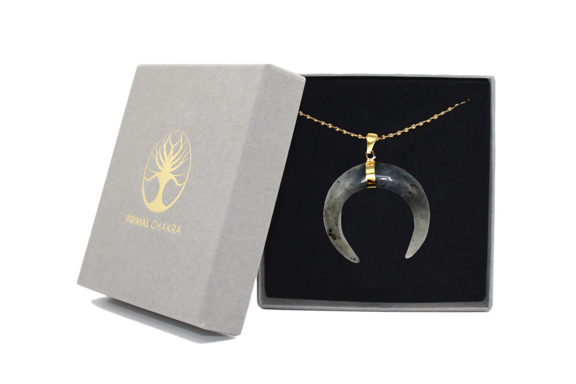 Labradorite Eclipse Moon Pendant with a Gold Chain Primal Chakra