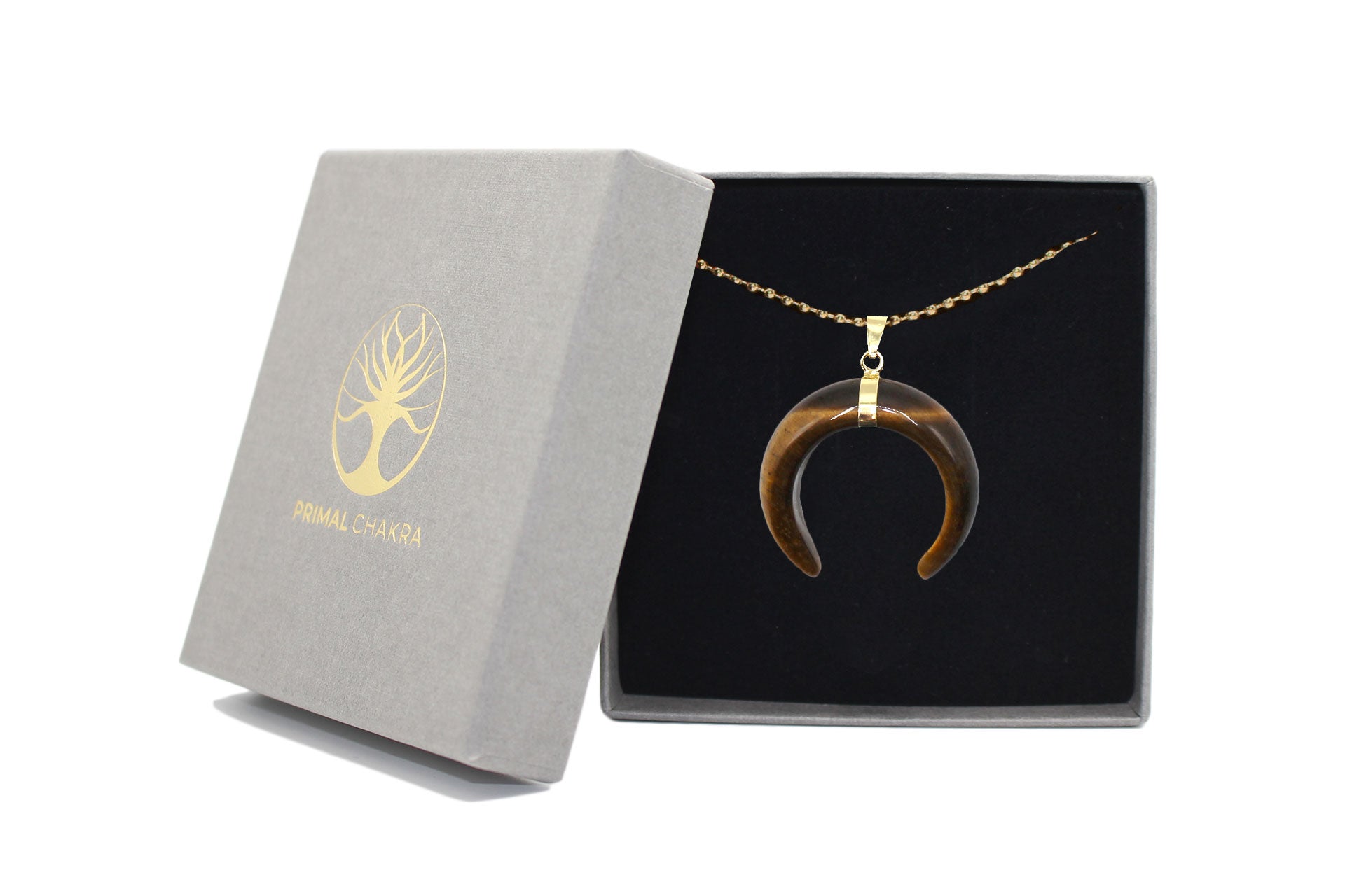Tiger Eye Eclipse Moon Pendant with a Gold Chain Primal Chakra