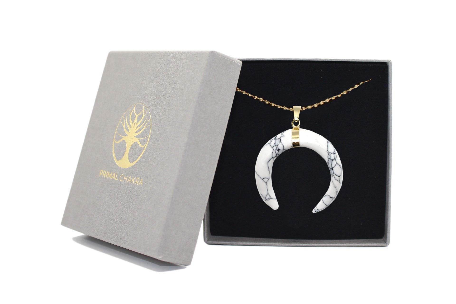 White Turquoise Eclipse Moon Pendant with a Gold Chain Primal Chakra