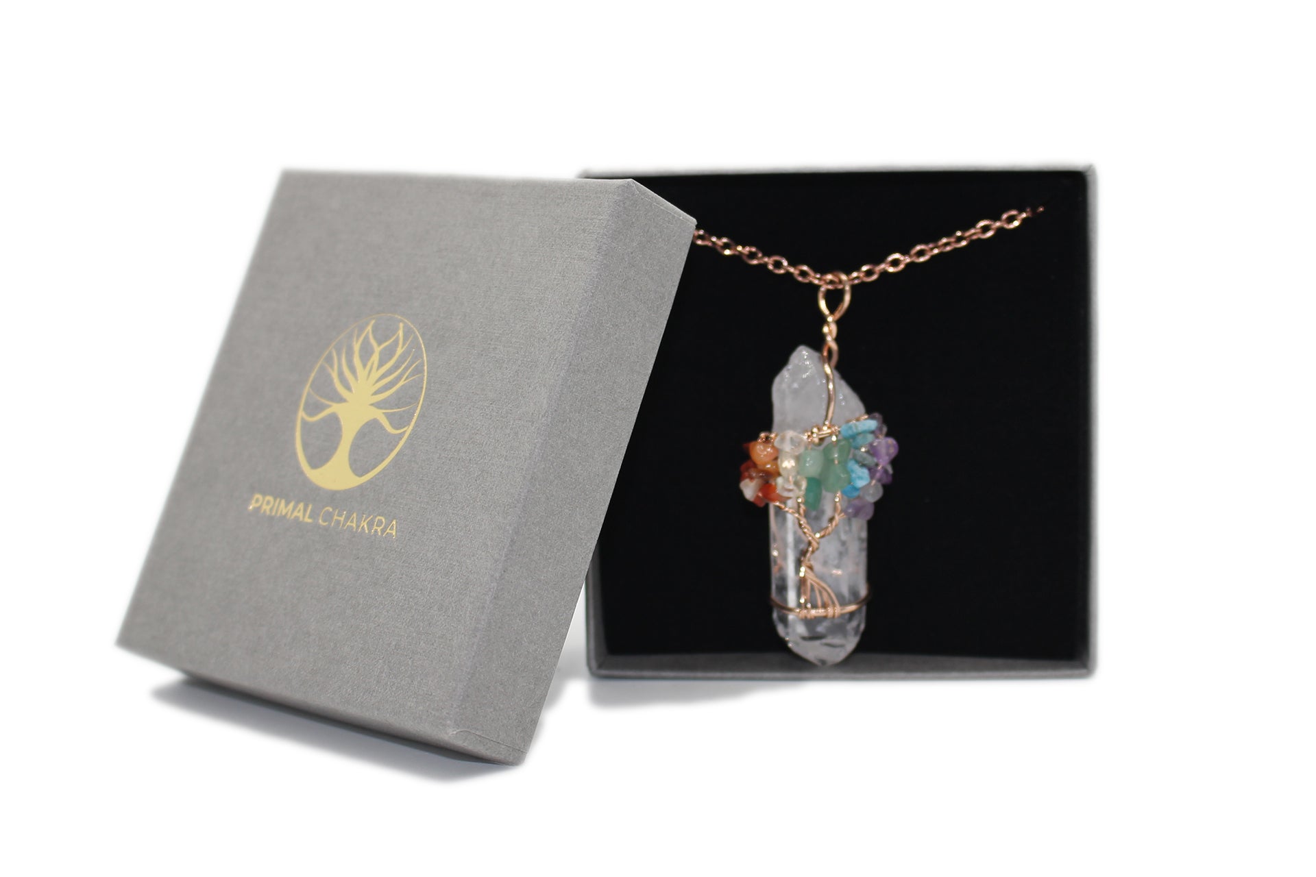 Hex Clear Quartz with embellished 7 Charka Crystal Tree Of Life Pendant with Rose Gold Chain Primal Chakra
