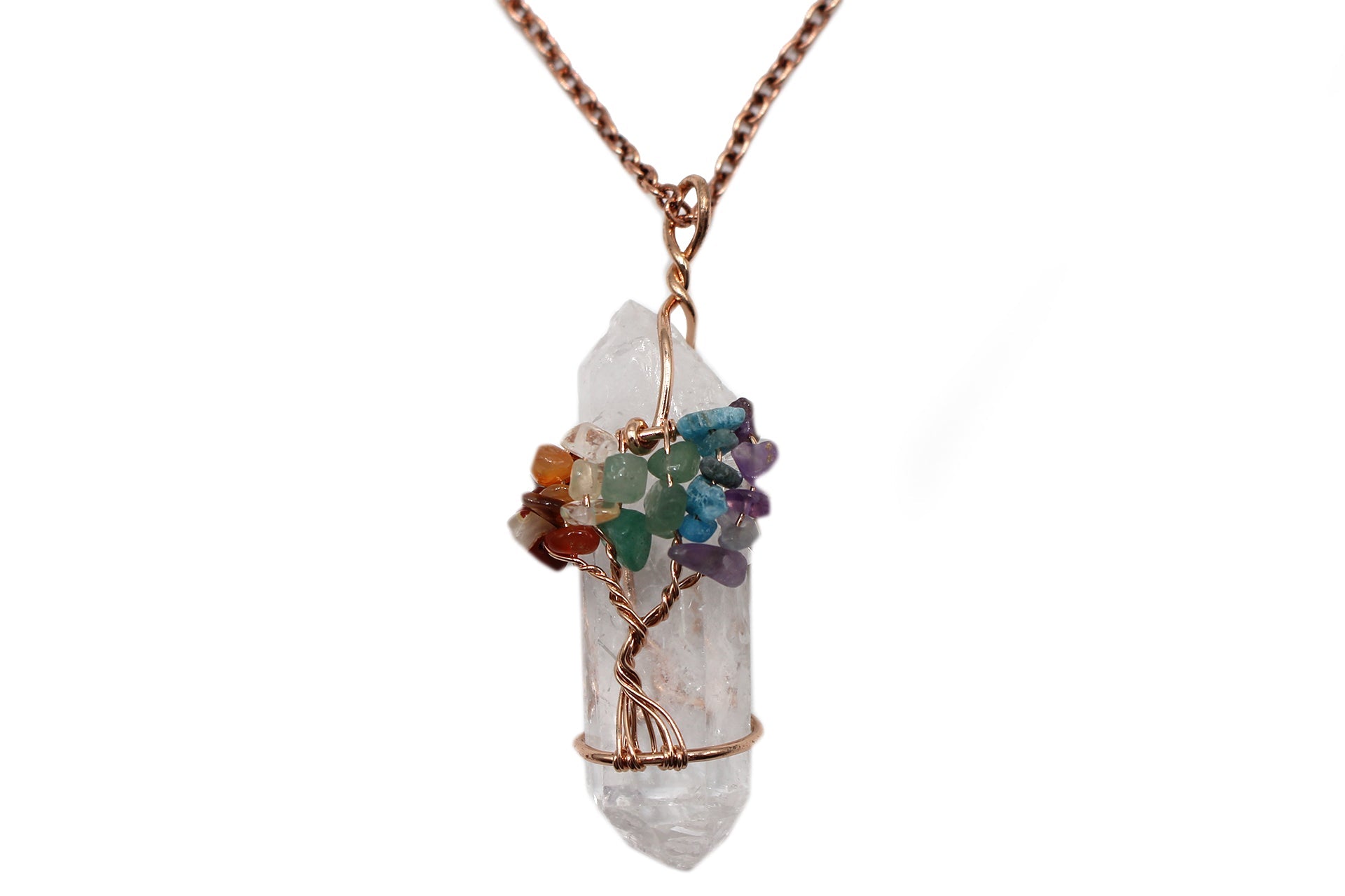 Hex Clear Quartz with embellished 7 Charka Crystal Tree Of Life Pendant with Rose Gold Chain Primal Chakra