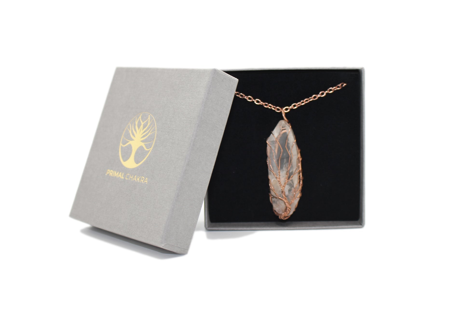 Hex Clear Quartz Crystal Tree Of Life Pendant with Rose Gold Chain Primal Chakra