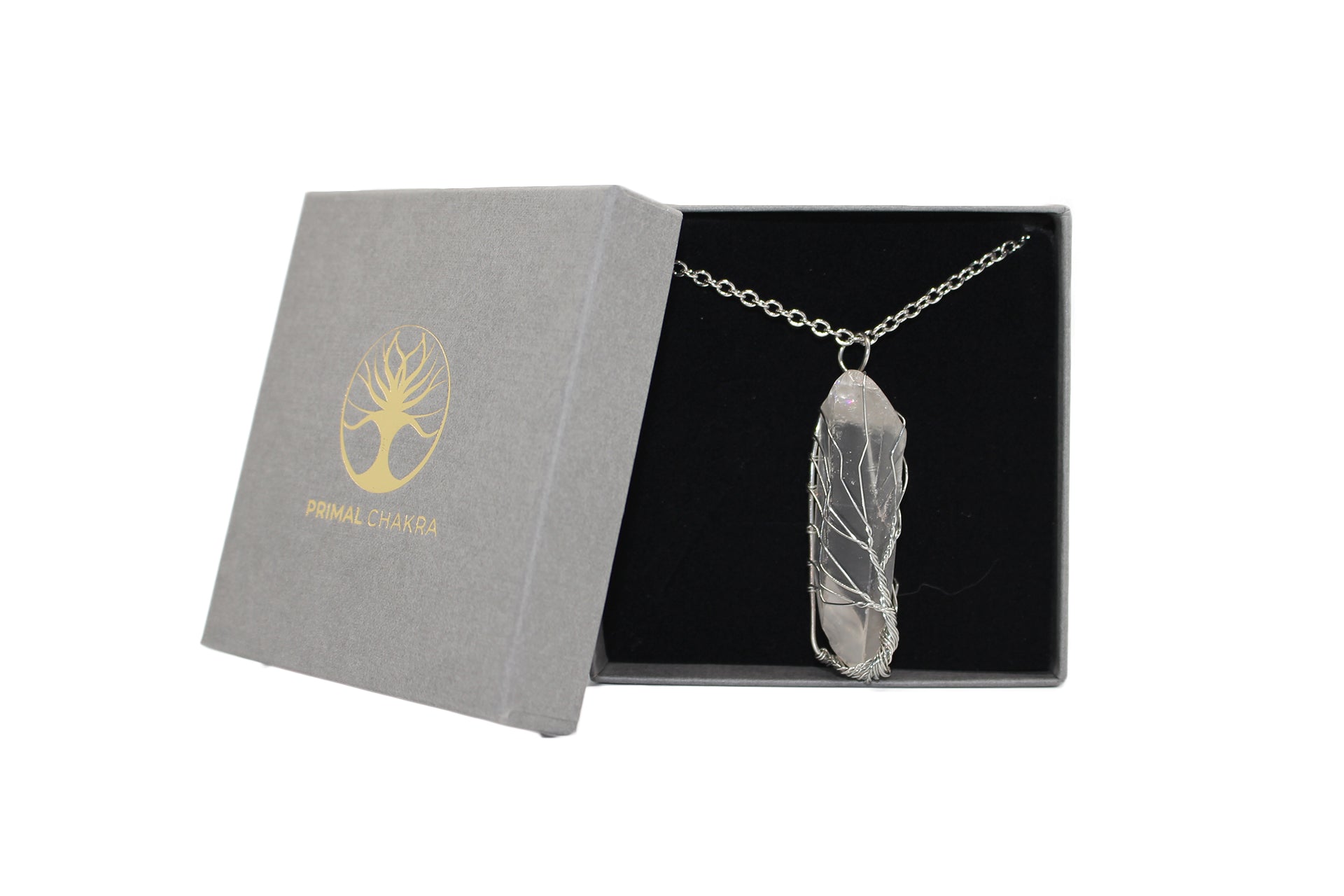 Hex Clear Quartz Crystal Tree Of Life Pendant with Silver Chain Primal Chakra