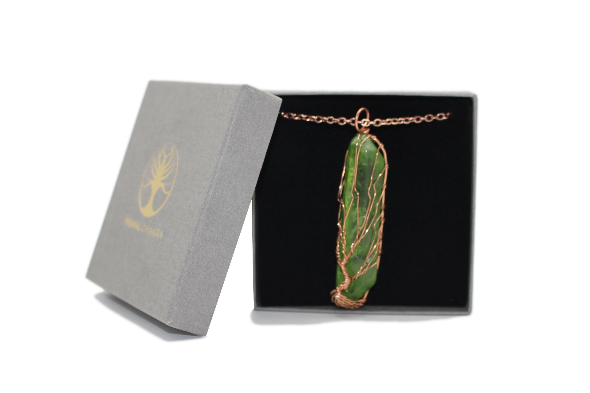 Hex Light Green Crystal Tree Of Life Pendant with Rose Gold Chain Chain Primal Chakra