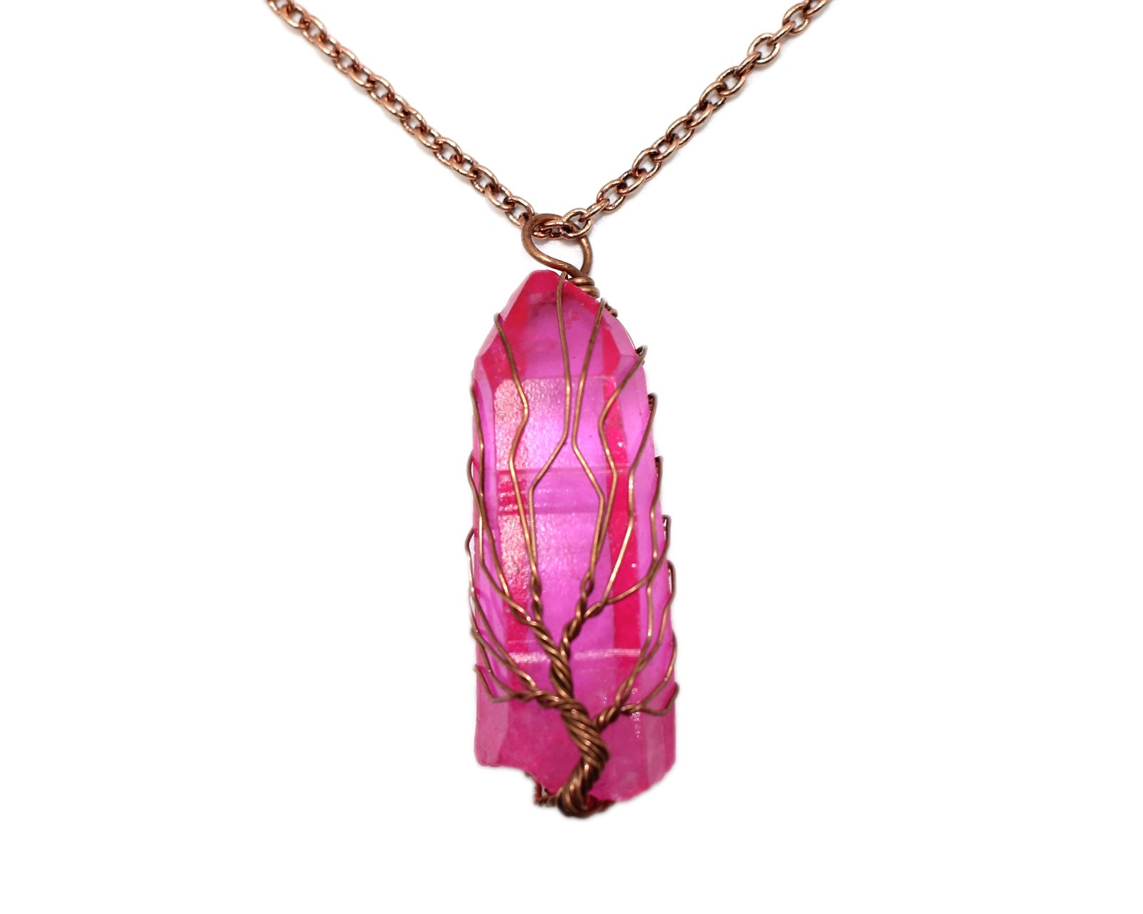 Hex Pink Crystal Tree Of Life Pendant with Gold Chain Primal Chakra