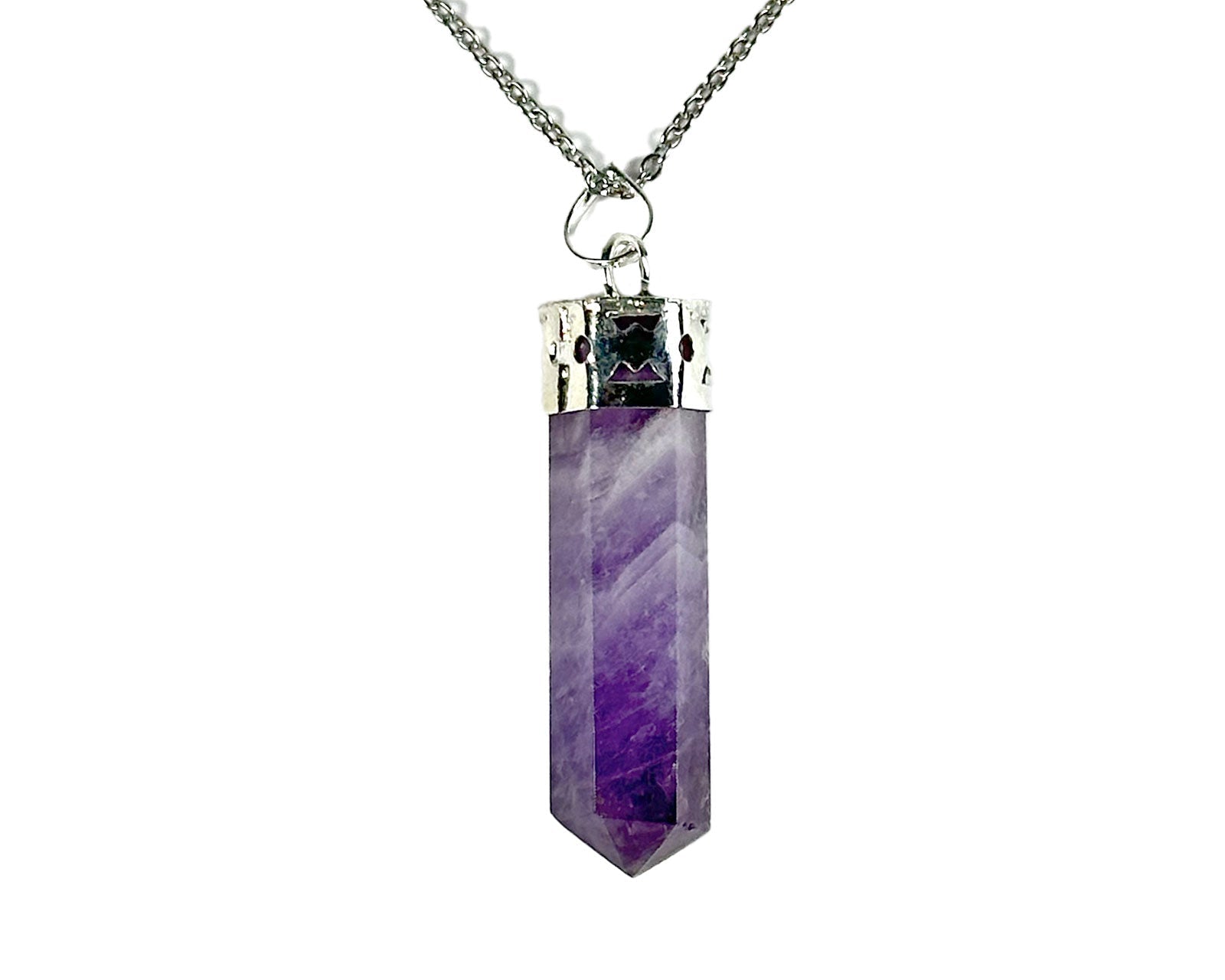 Amethyst Crystal Dagger Pendant with Silver Chain Primal Chakra