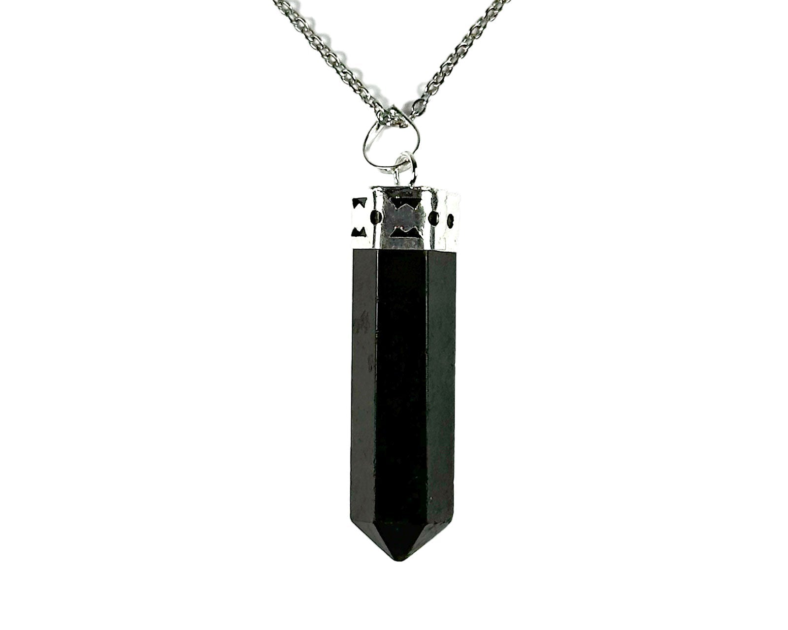 Black Tourmaline Crystal Dagger Pendant with Silver Chain Primal Chakra