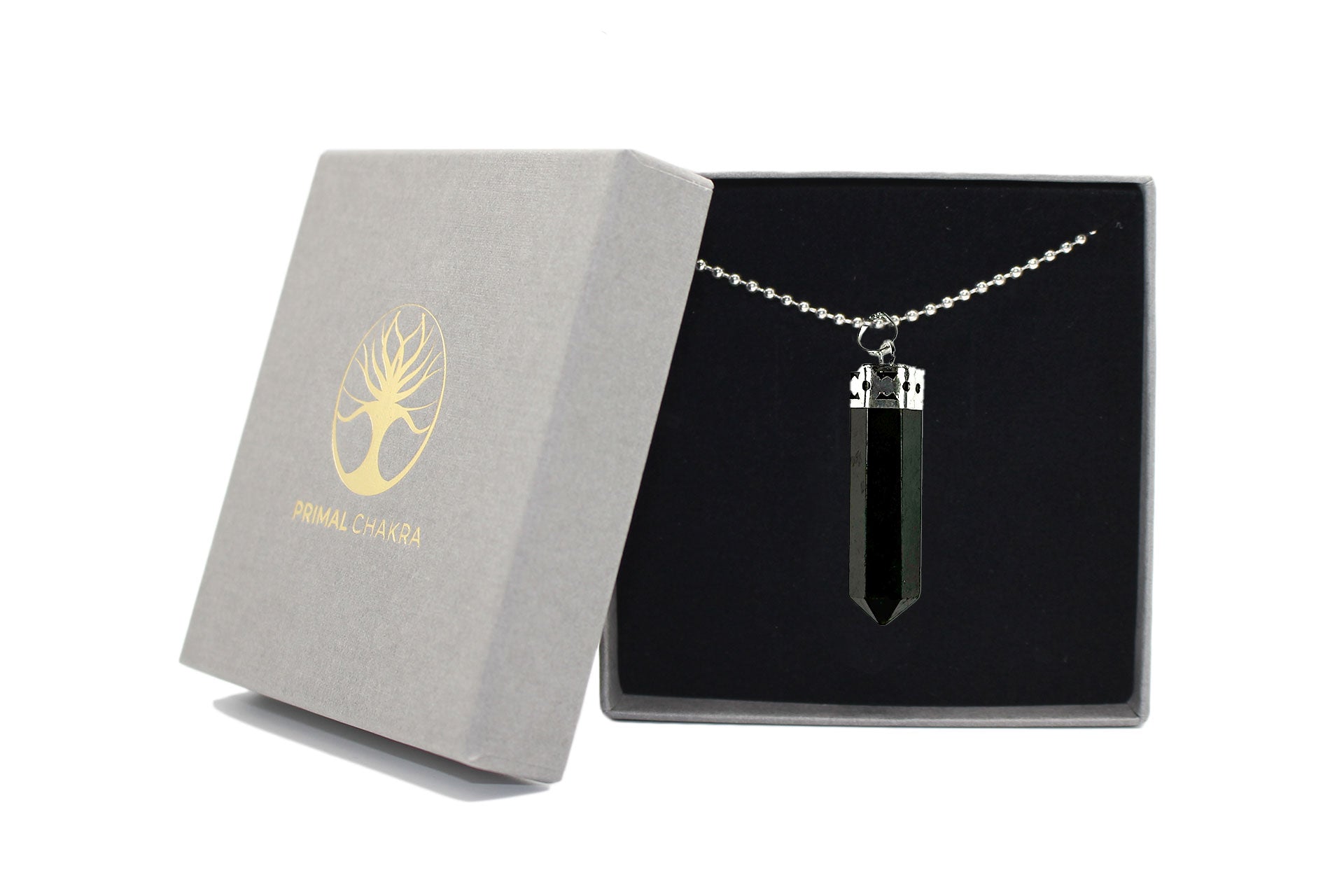 Black Tourmaline Crystal Dagger Pendant with Silver Chain Primal Chakra