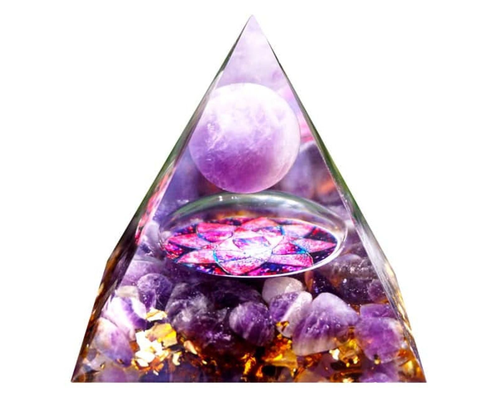Pure Amethyst Sphere Orgone Reiki Energy Charged Pyramid With Lotus Flower Primal Chakra