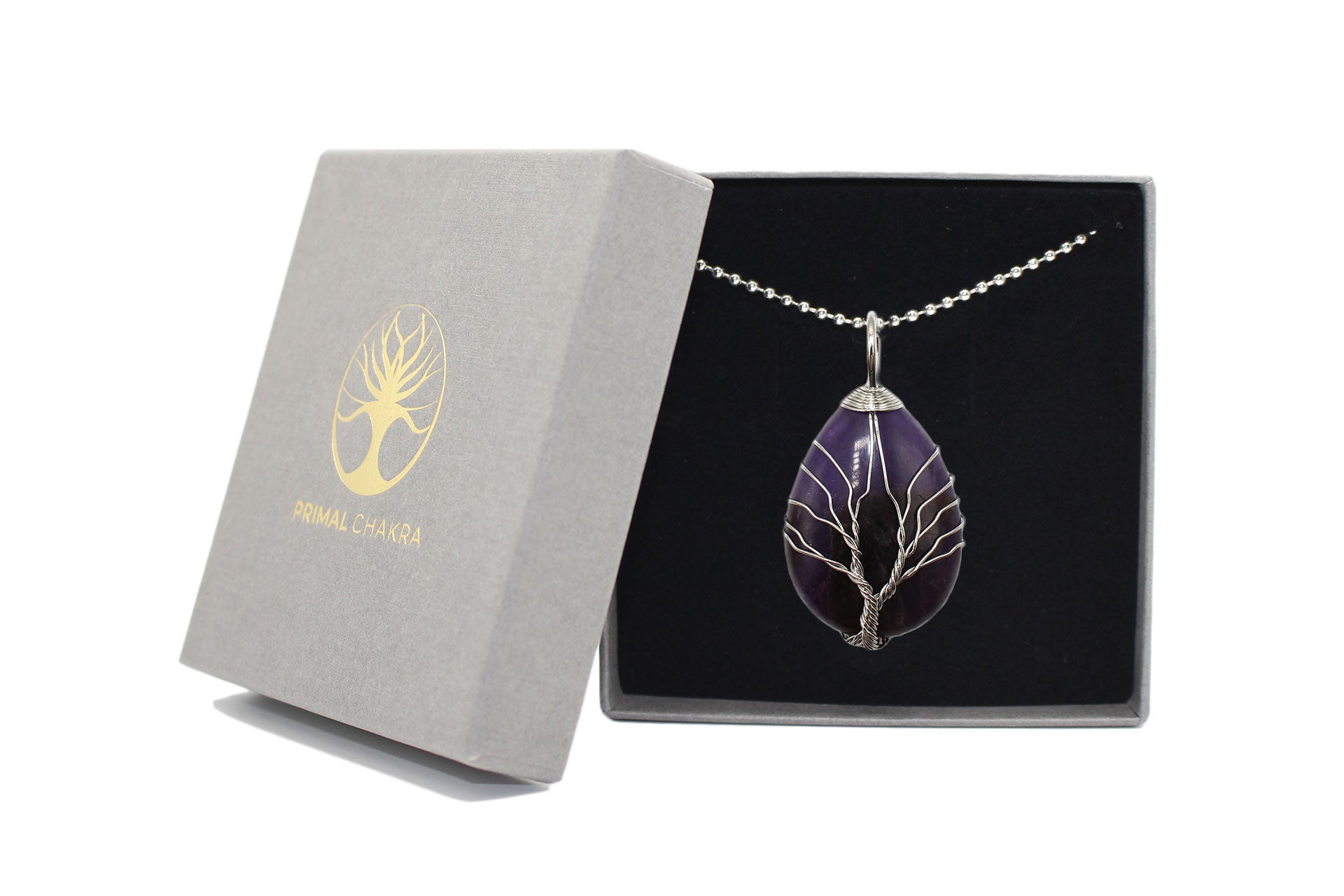 Amethyst Crystal Tree Of Life Pear Pendant with Silver Chain Primal Chakra