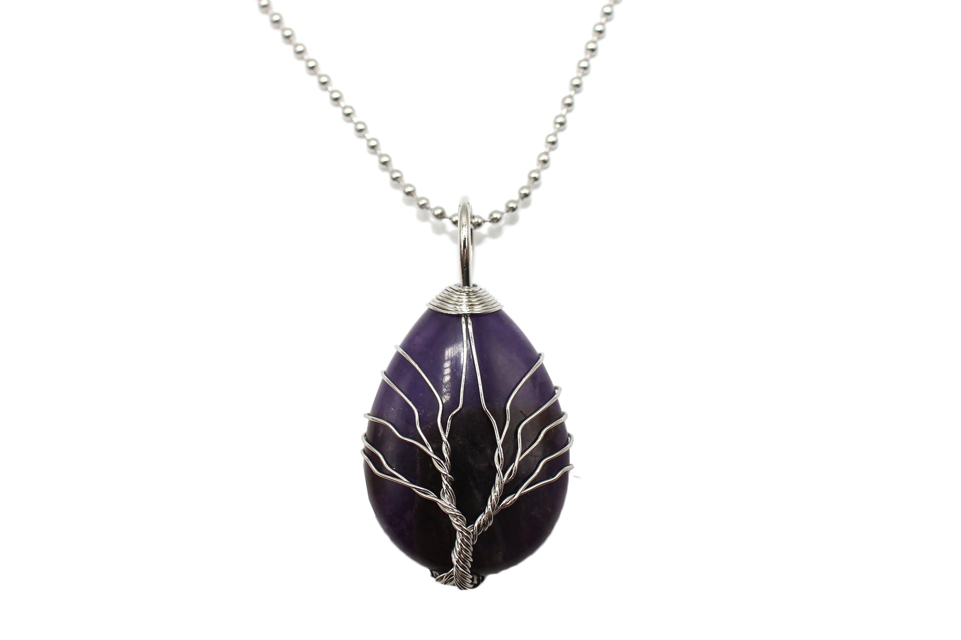 Amethyst Crystal Tree Of Life Pear Pendant with Silver Chain Primal Chakra