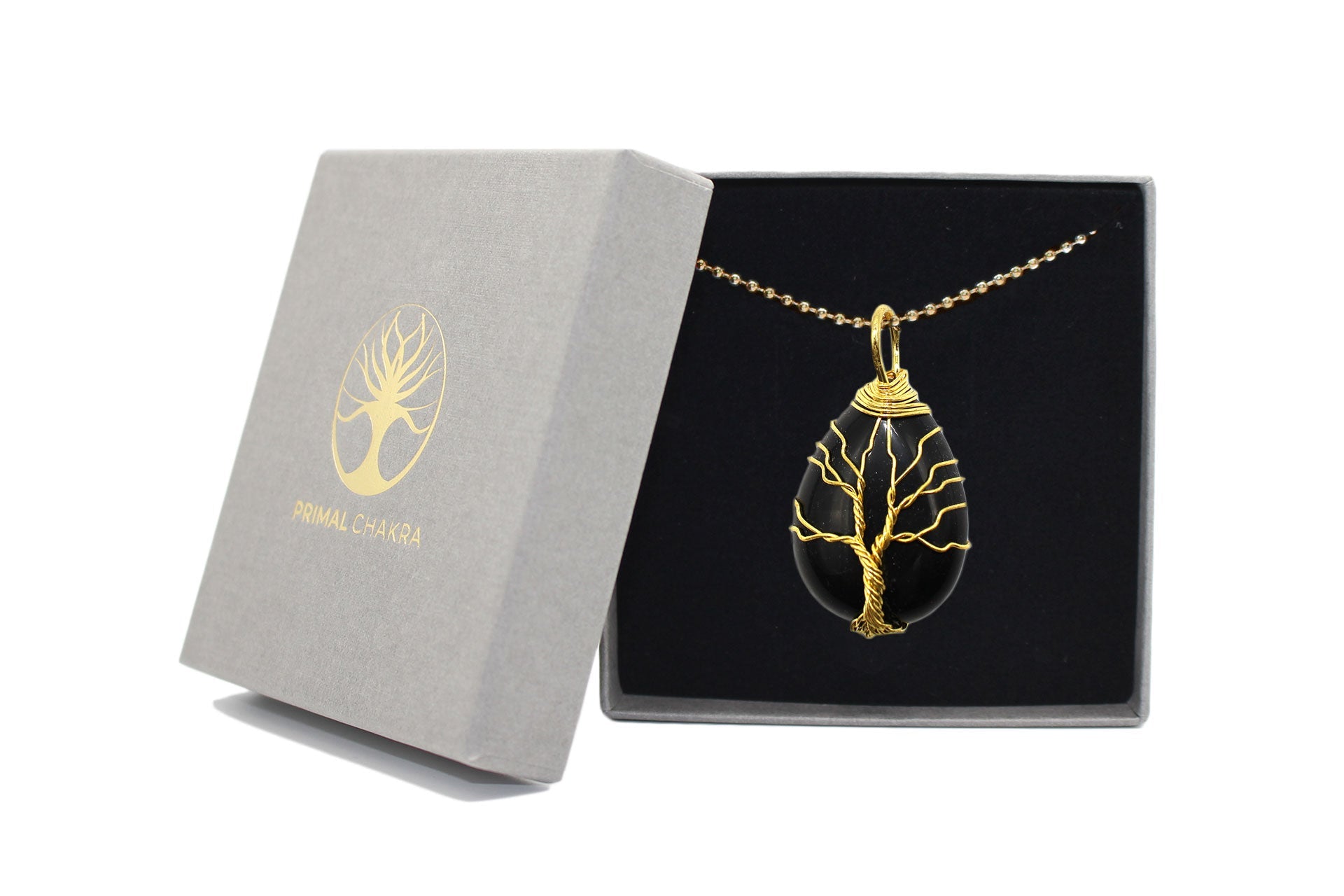Black Tourmaline Crystal Tree Of Life Pear Pendant with Golden Chain Primal Chakra