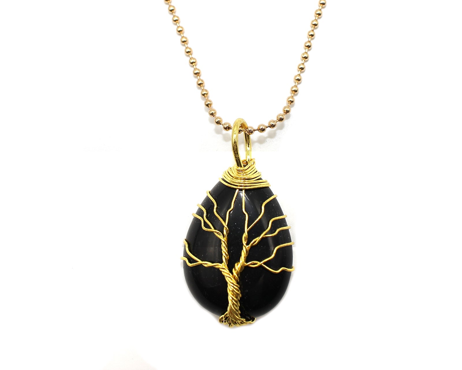 Black Tourmaline Crystal Tree Of Life Pear Pendant with Golden Chain Primal Chakra