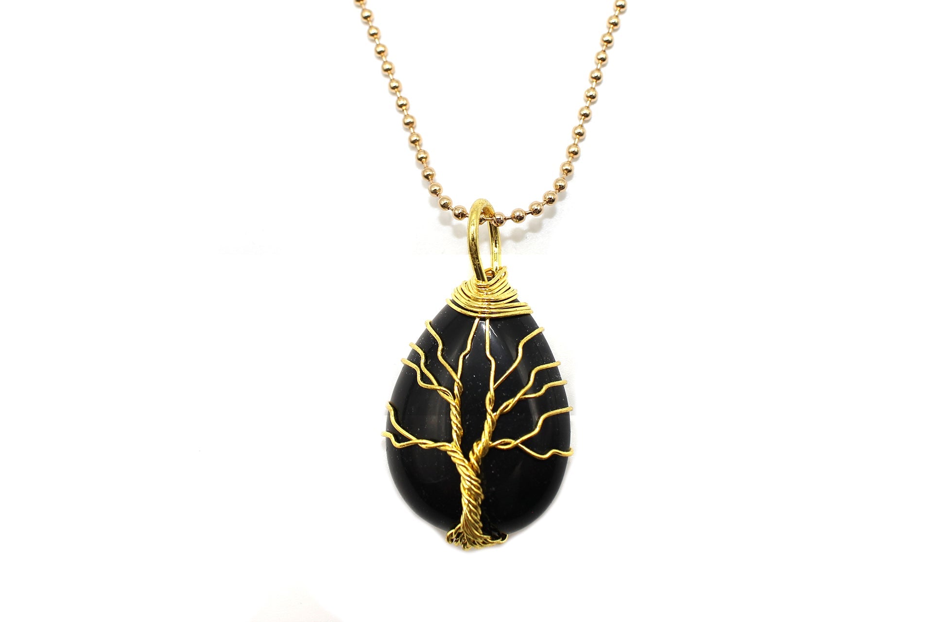 Black Tourmaline Crystal Tree Of Life Pear Pendant with Golden Chain Primal Chakra