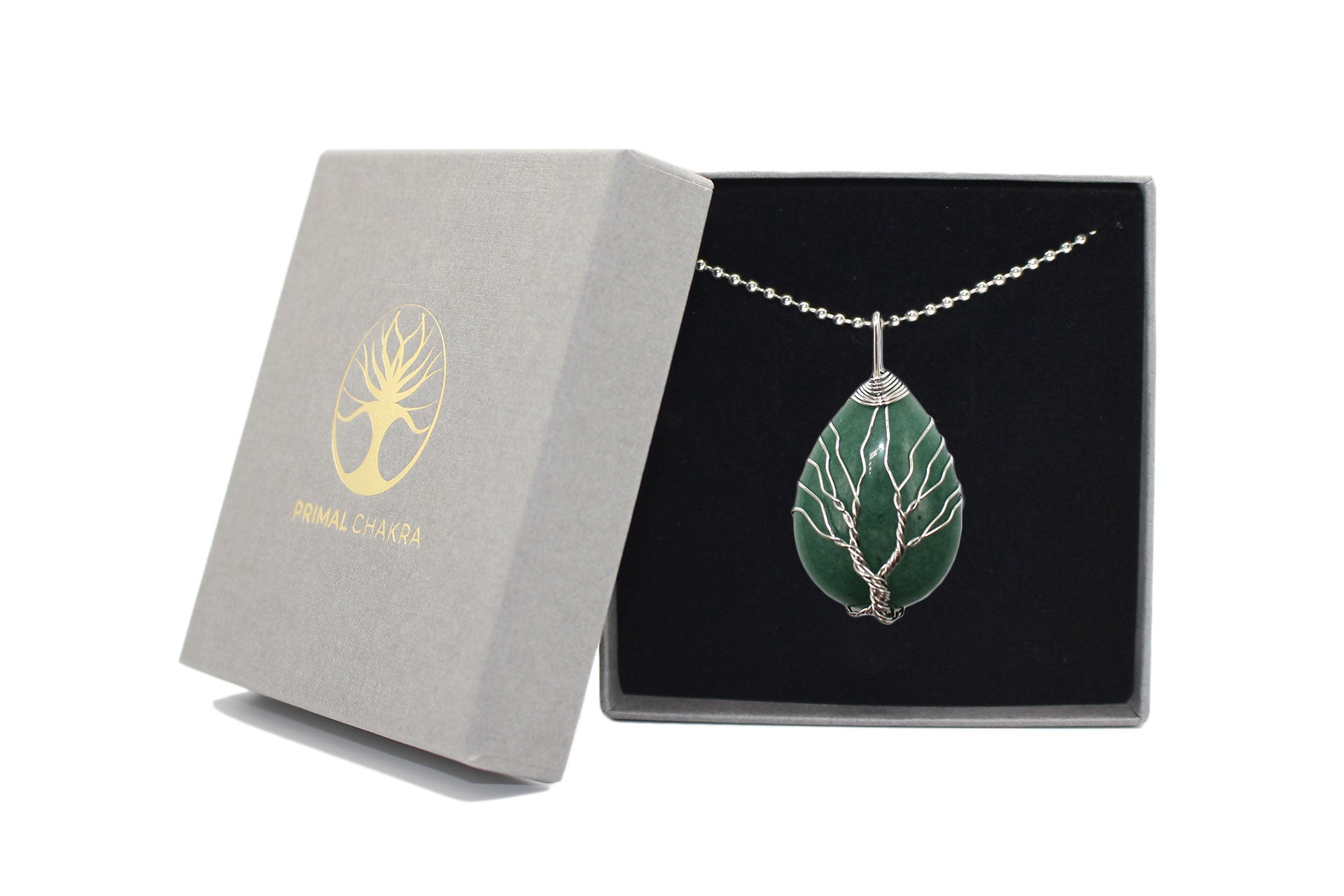 Green Aventurine Crystal Tree Of Life Pear Pendant with Silver Chain Primal Chakra