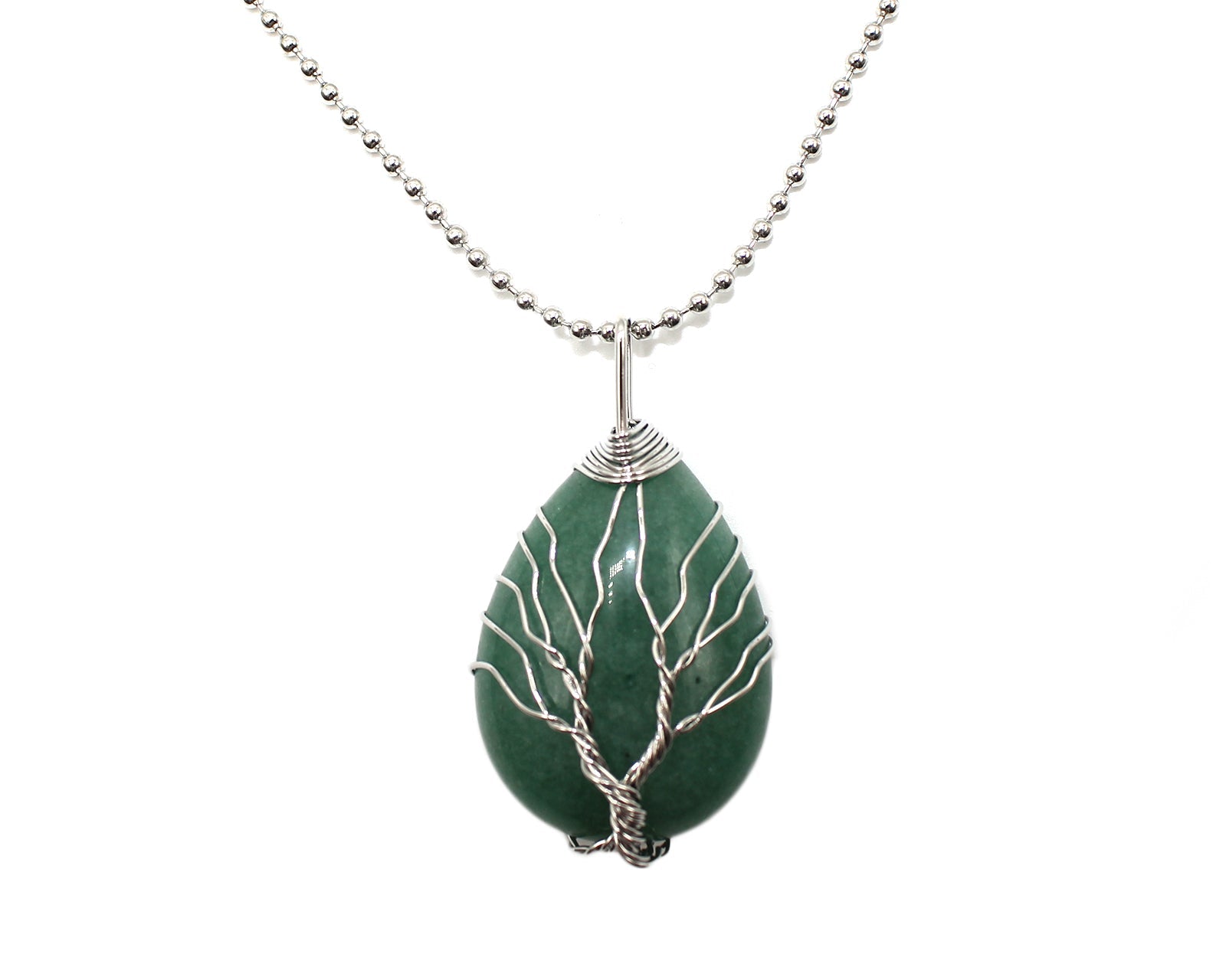 Green Aventurine Crystal Tree Of Life Pear Pendant with Silver Chain Primal Chakra