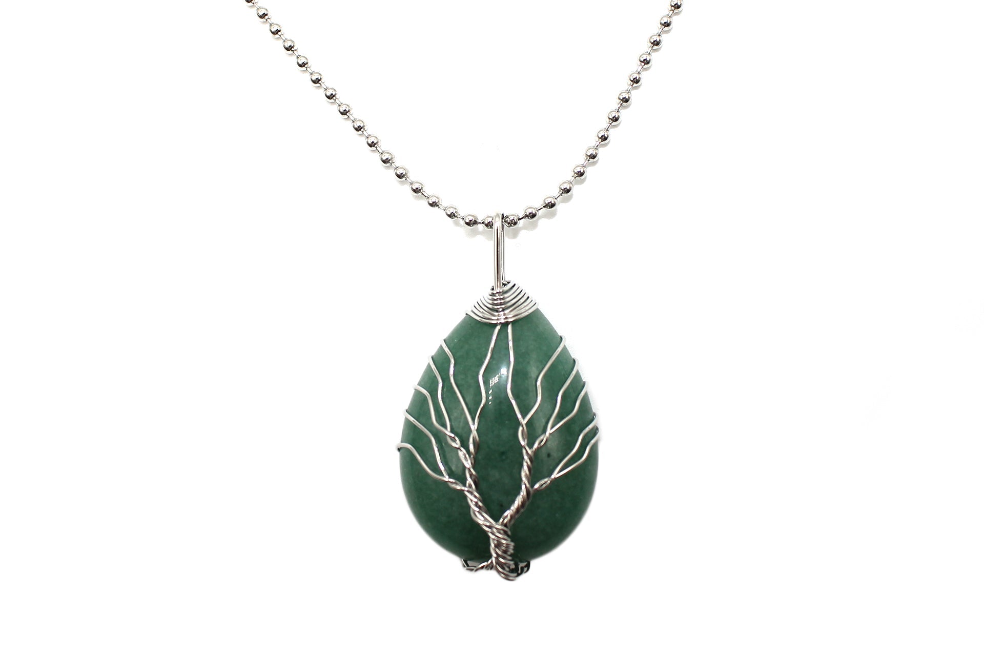 Green Aventurine Crystal Tree Of Life Pear Pendant with Silver Chain Primal Chakra