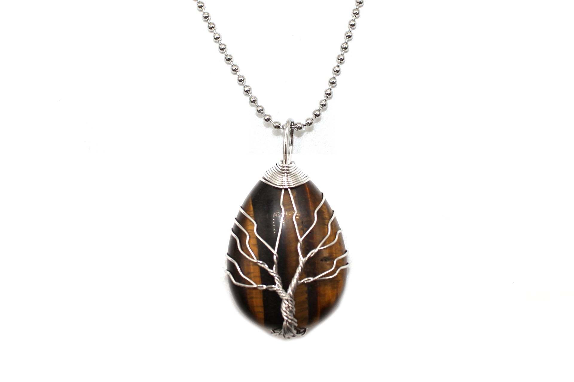 Tiger Eye Gemstone Tree Of Life Pear Pendant with Silver Chain Primal Chakra