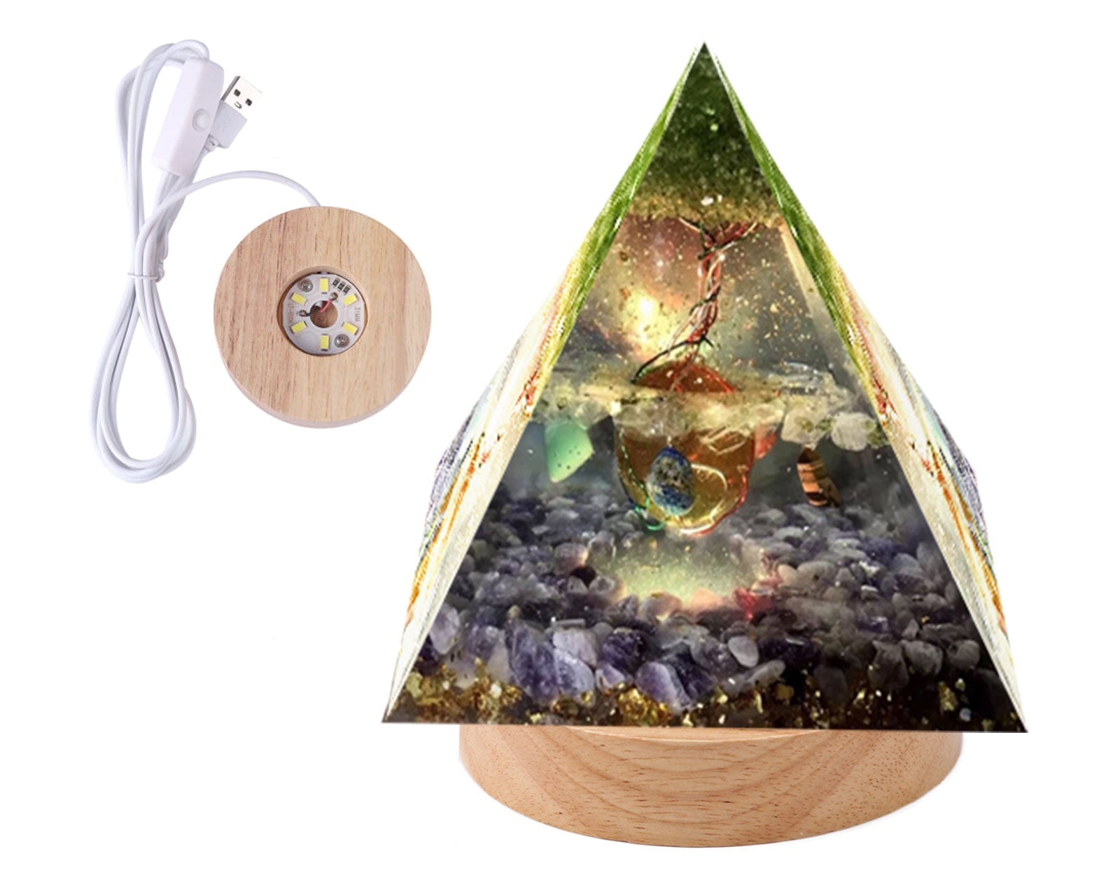 LED Light Wooden Base for Orgone Pyramids Primal Chakra