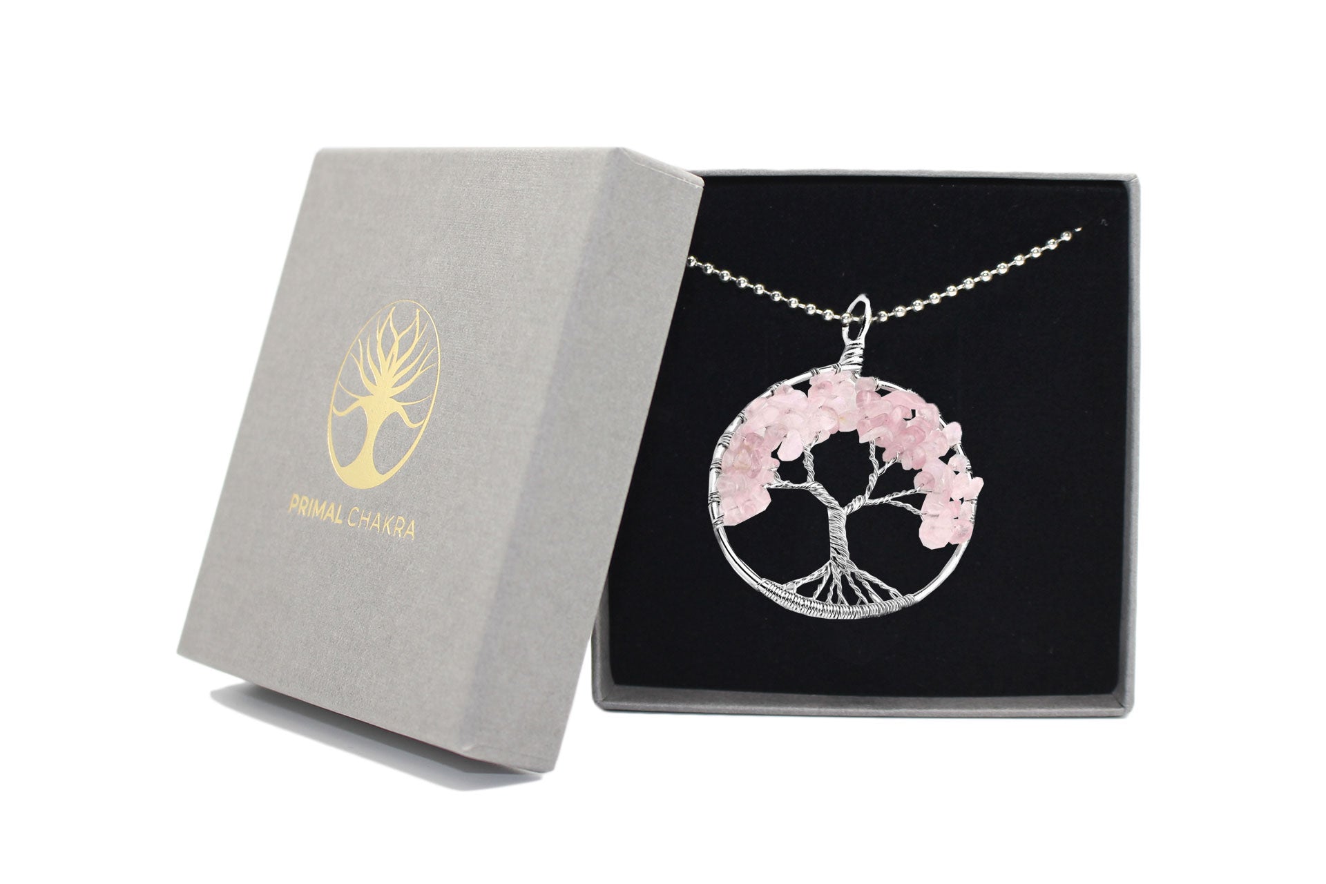 Round Tree Of Life Rose Quartz Crystal Pendant with Silver Chain Primal Chakra