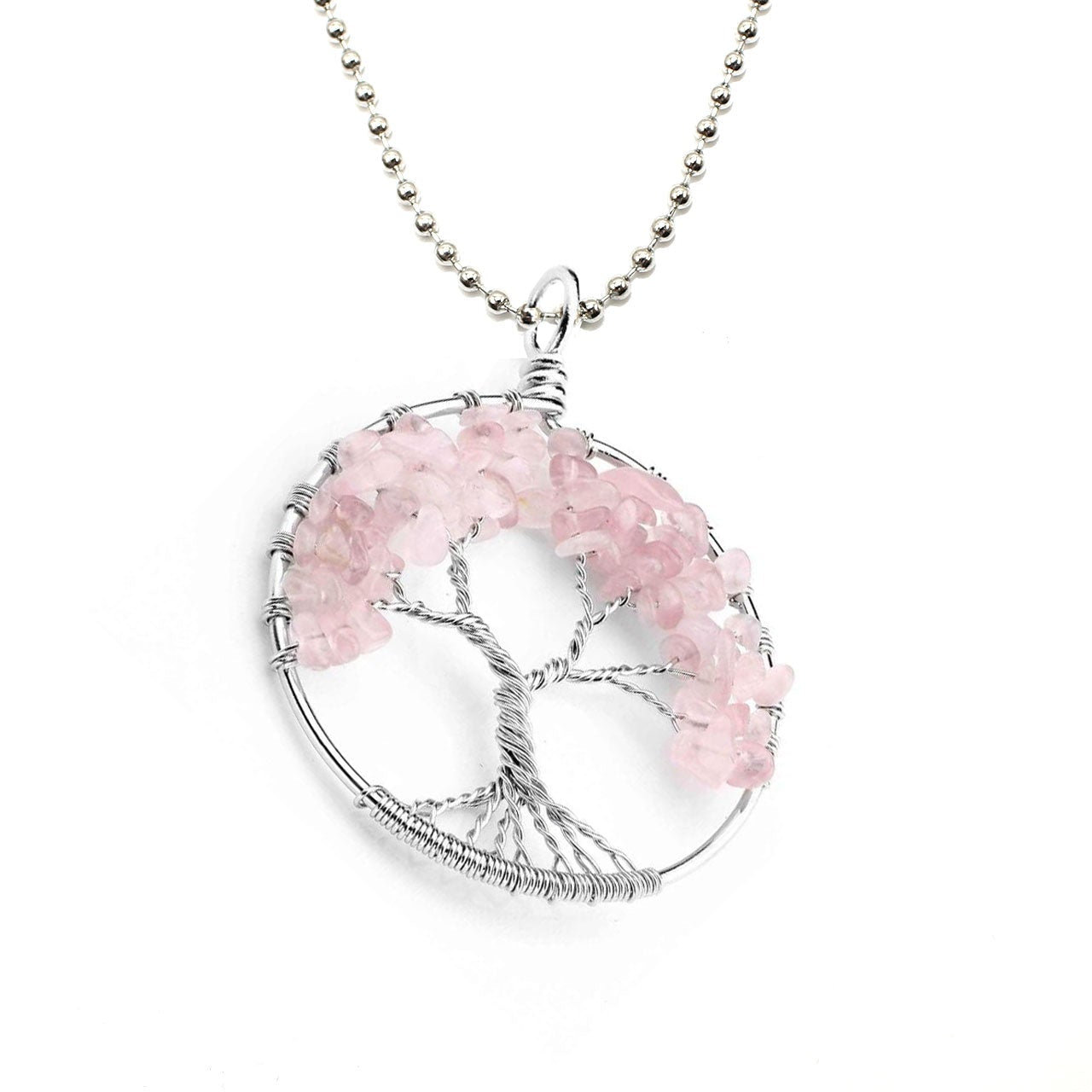Round Tree Of Life Rose Quartz Crystal Pendant with Silver Chain Primal Chakra