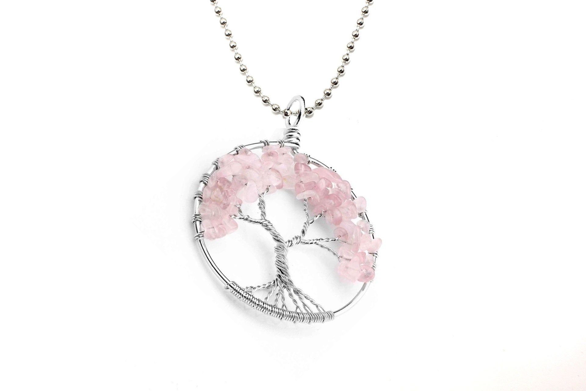 Round Tree Of Life Rose Quartz Crystal Pendant with Silver Chain Primal Chakra