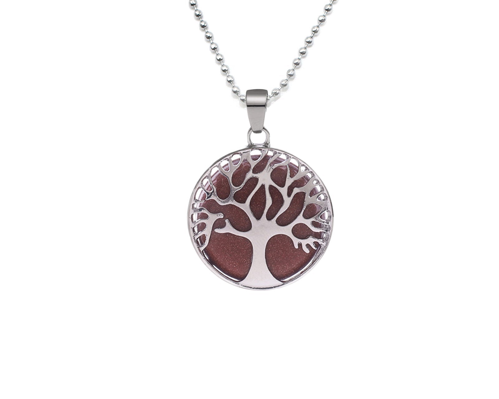 Brown Goldstone Round Tree Of Life Pendant with Silver Chain Primal Chakra