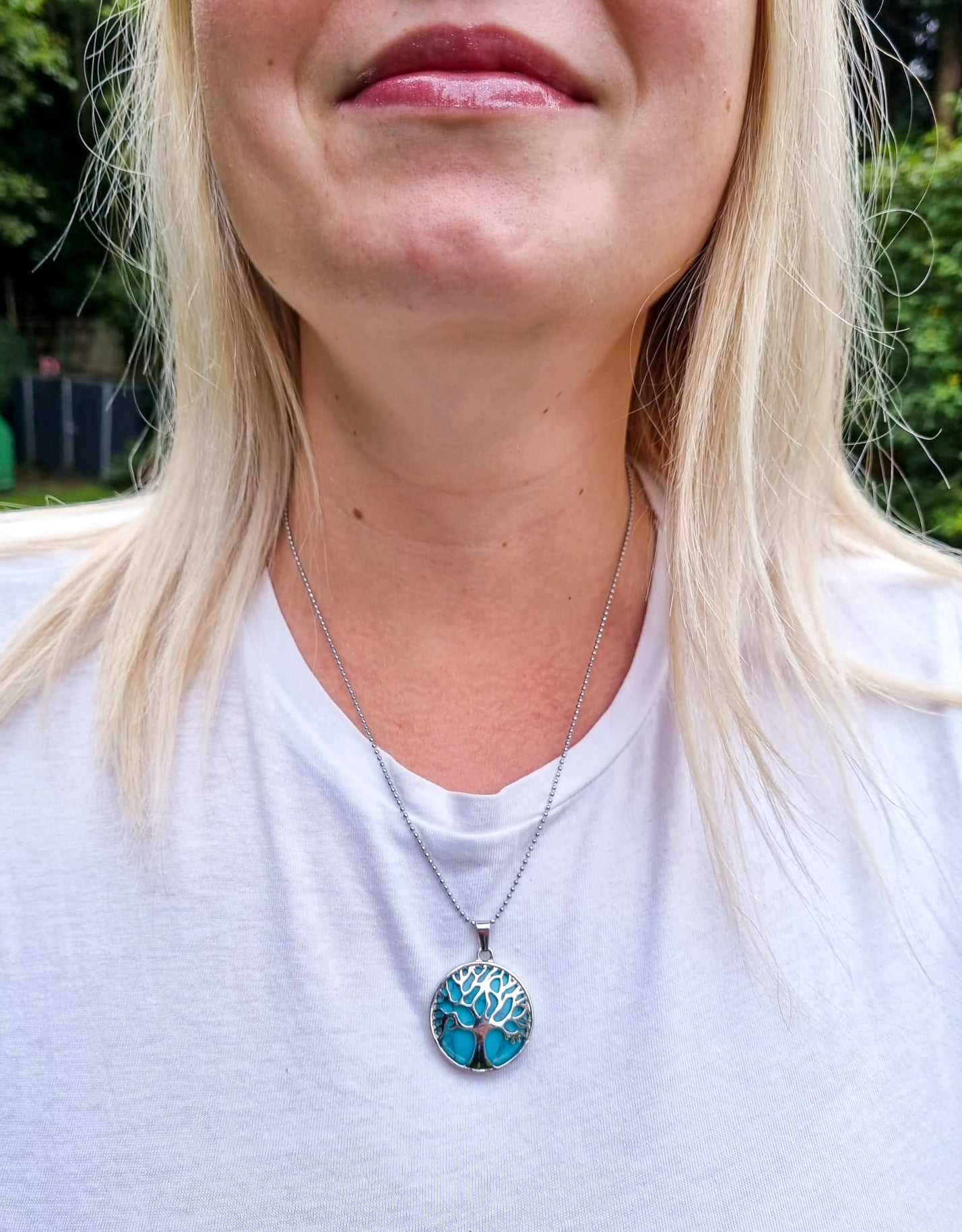 Blue Turquoise Round Tree Of Life Pendant with Silver Chain Primal Chakra