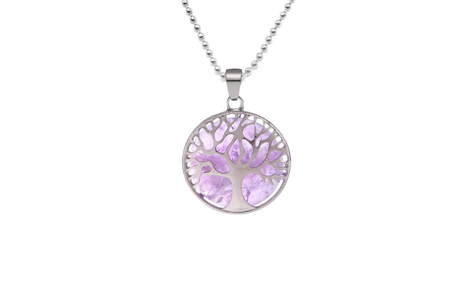 Amethyst Round Tree Of Life Pendant with Silver Chain Primal Chakra