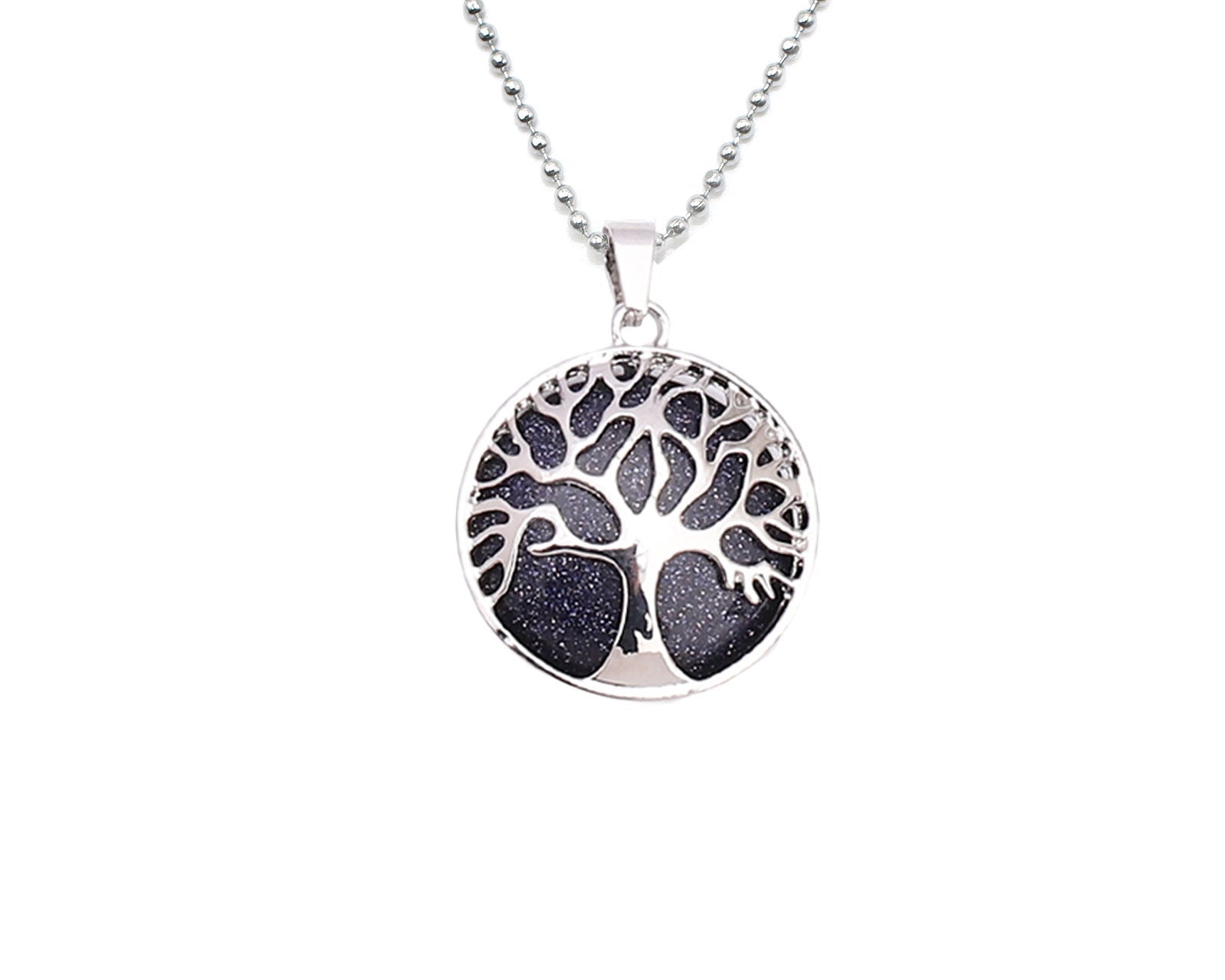 Blue Goldstone Round Tree Of Life Pendant with Silver Chain Primal Chakra