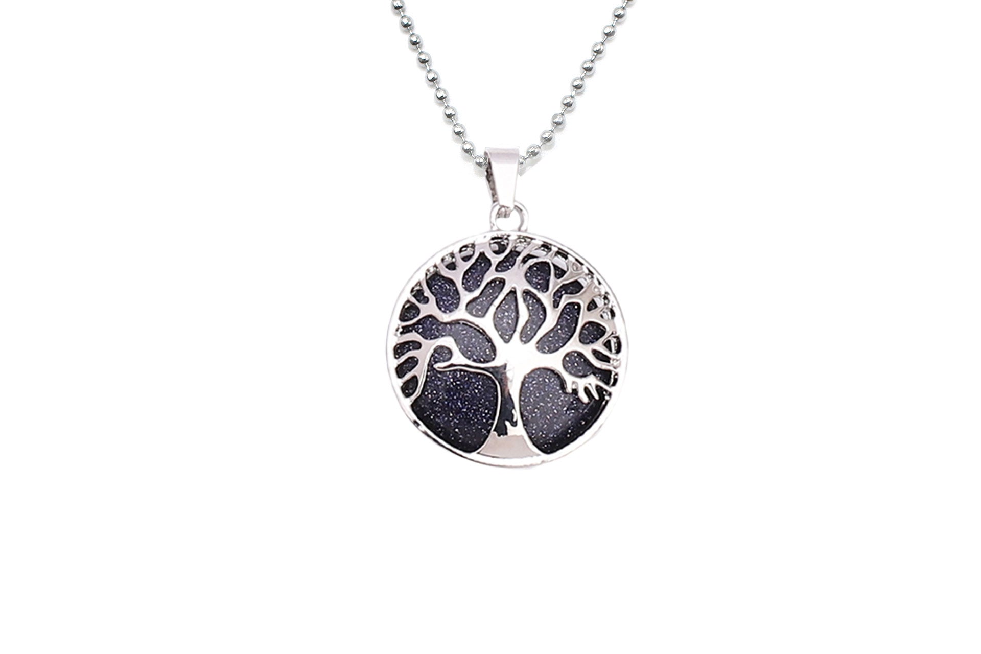 Blue Goldstone Round Tree Of Life Pendant with Silver Chain Primal Chakra