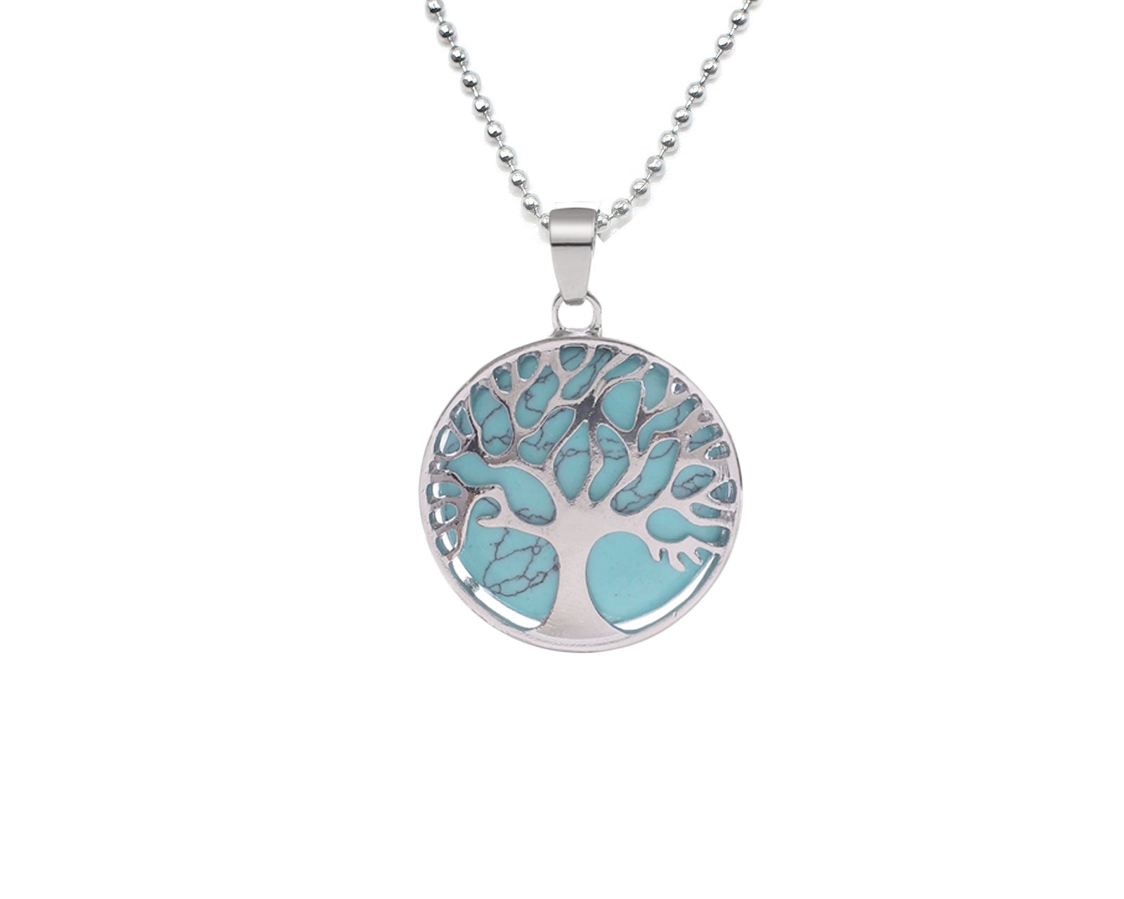 Blue Turquoise Round Tree Of Life Pendant with Silver Chain Primal Chakra
