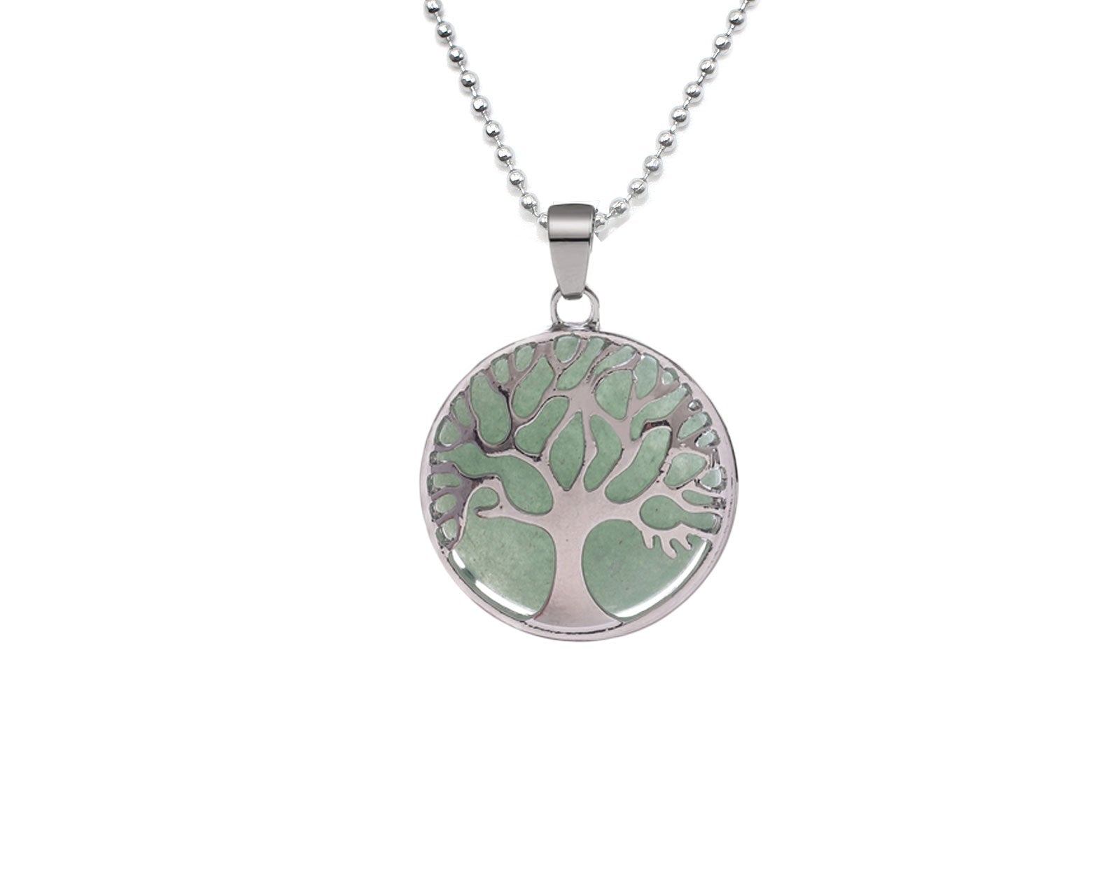 Green Aventurine Round Tree Of Life Pendant with Silver Chain Primal Chakra