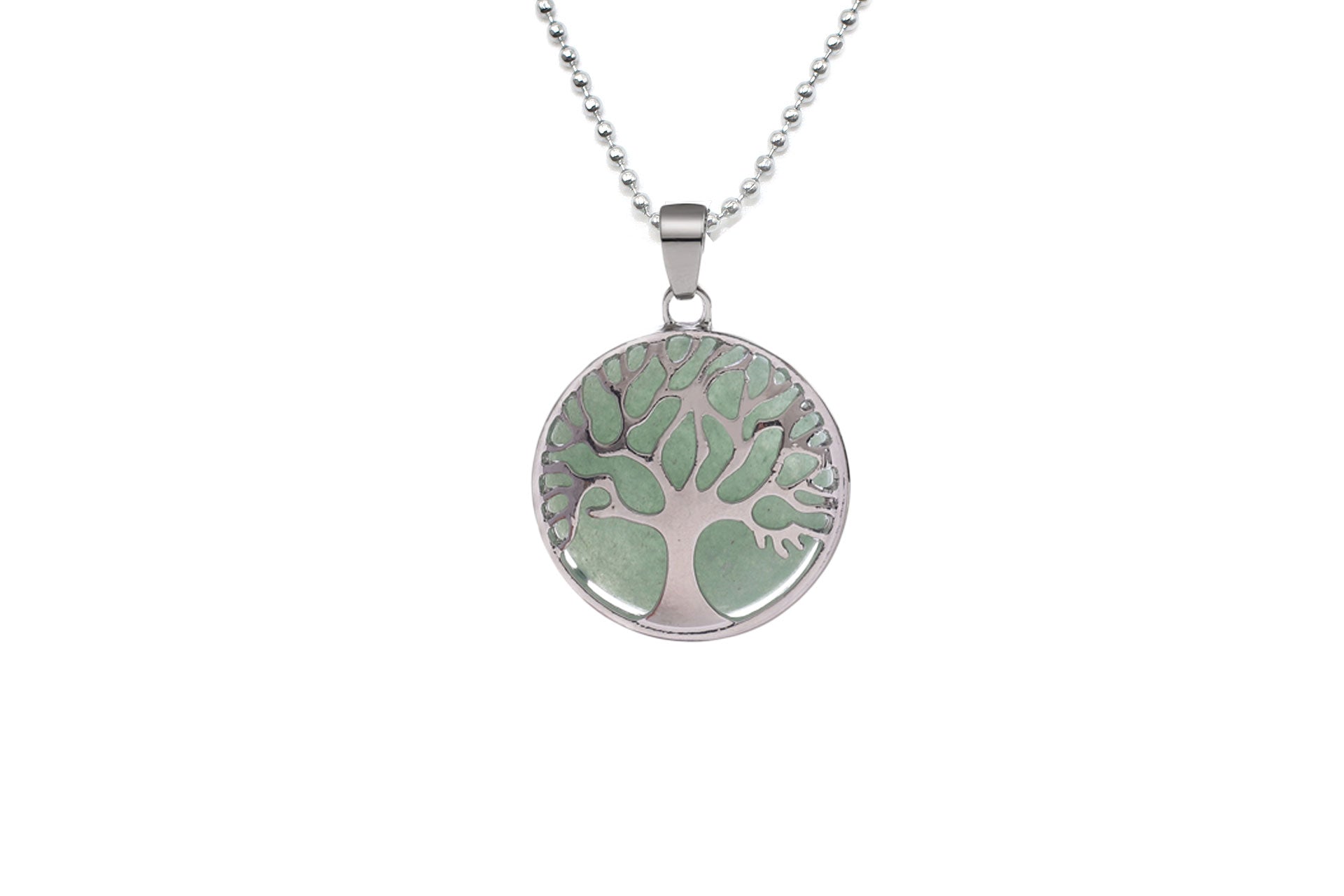 Green Aventurine Round Tree Of Life Pendant with Silver Chain Primal Chakra