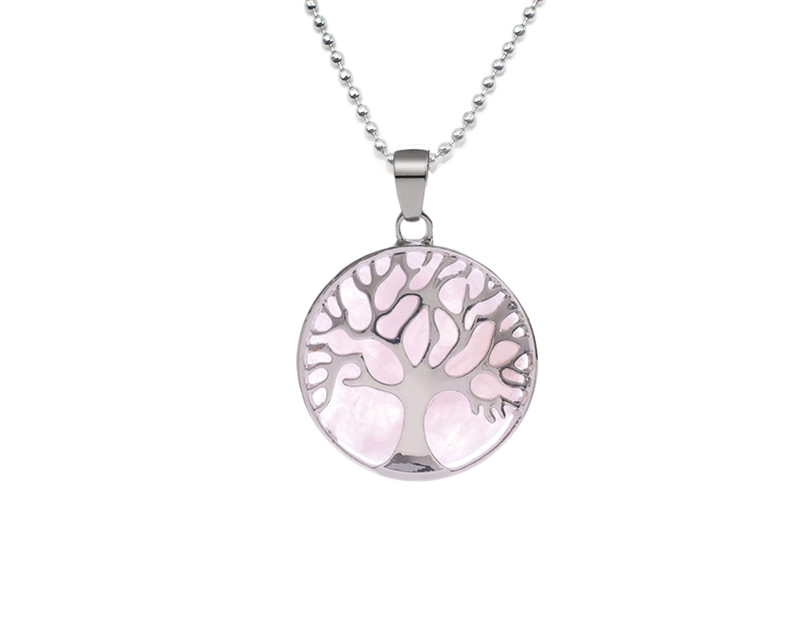 Rose Quartz Round Tree Of Life Pendant with Silver Chain Primal Chakra