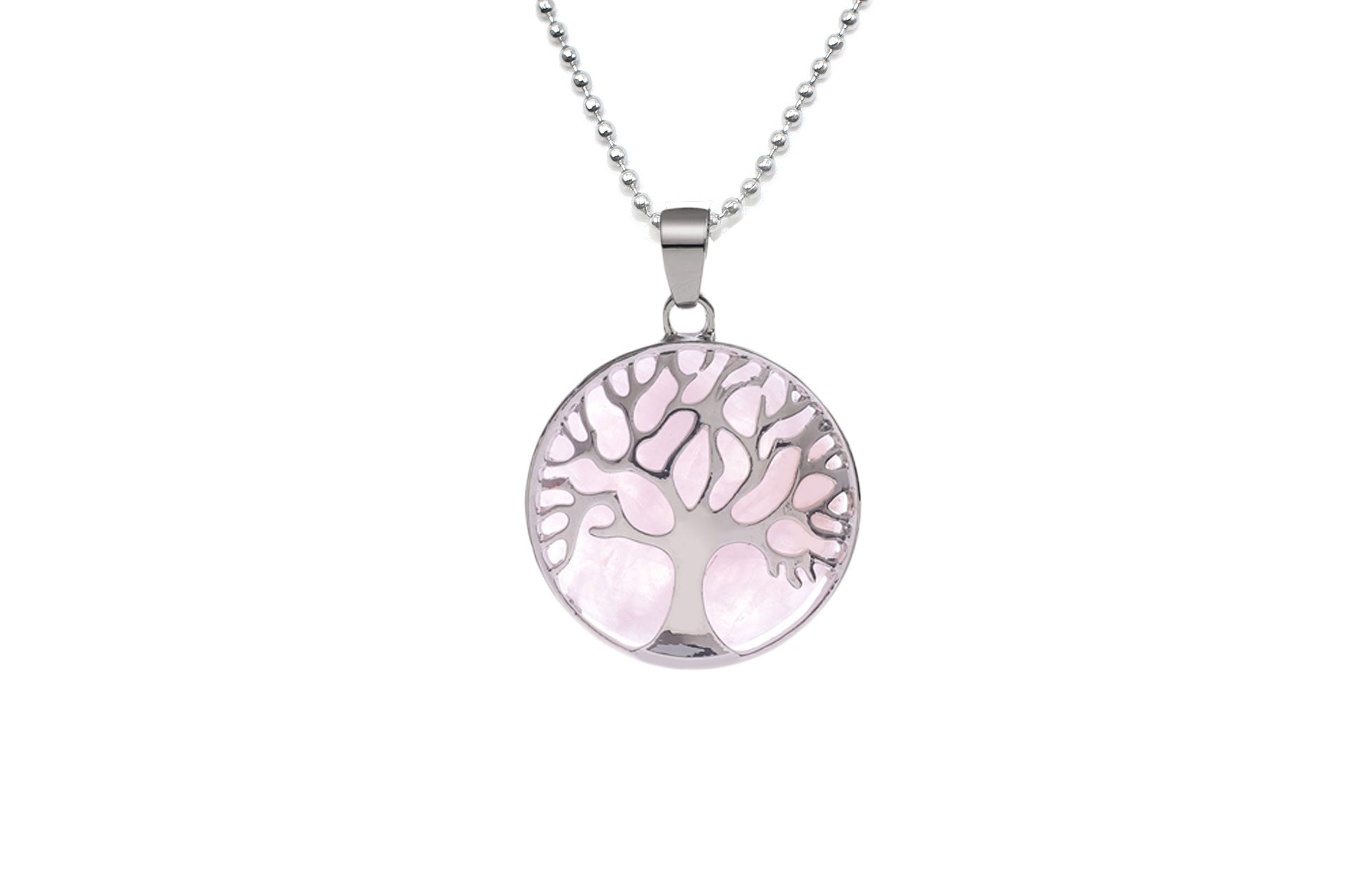 Rose Quartz Round Tree Of Life Pendant with Silver Chain Primal Chakra