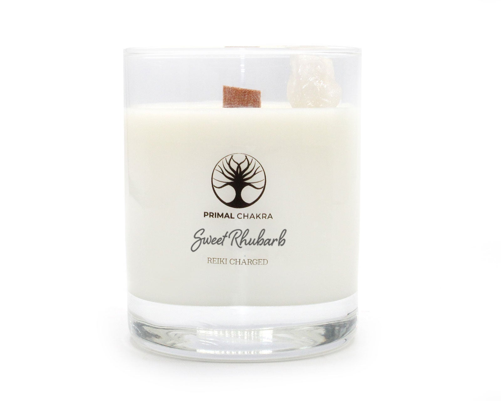 Sweet Rhubarb 30cl Reiki Energy Charged Scented Candle with Raw Clear Quartz Crystal Primal Chakra