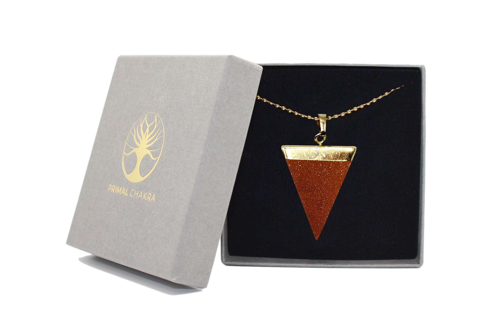 Gold Goldstone Triangle Pendant with Gold Chain Primal Chakra