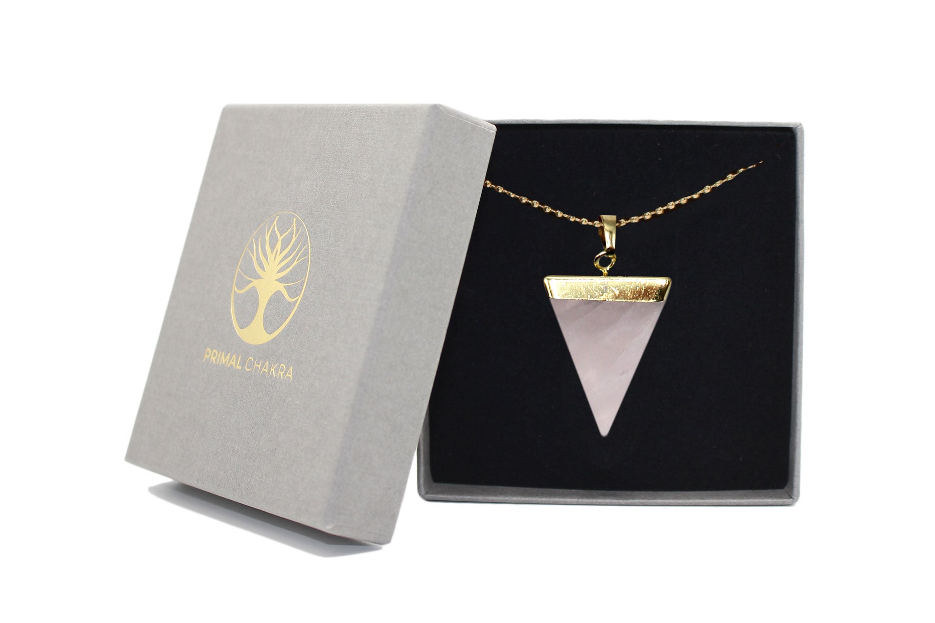 Rose Quartz Triangle Pendant with Gold Chain Primal Chakra