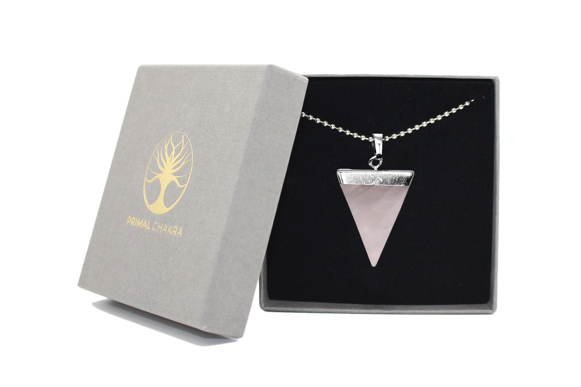 Rose Quartz Triangle Pendant with Silver Chain Primal Chakra