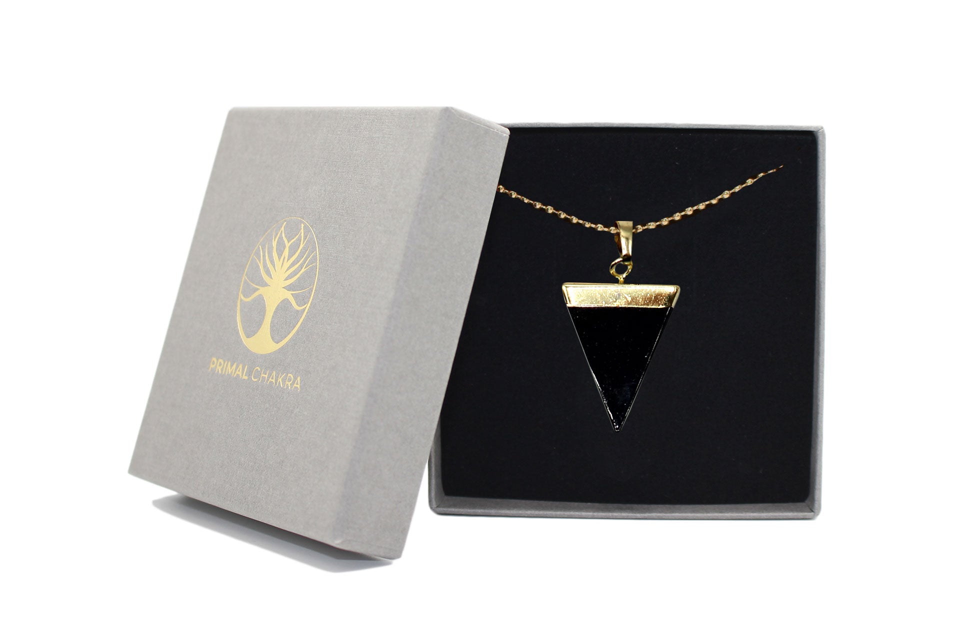 Obsidian Triangle Pendant with Gold Chain Primal Chakra