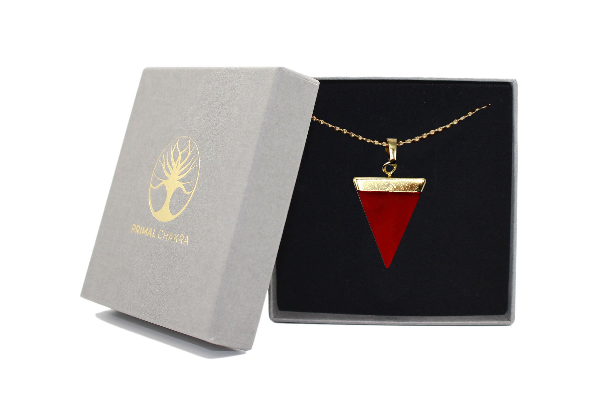 Red Agate Triangle Pendant with Gold Chain Primal Chakra