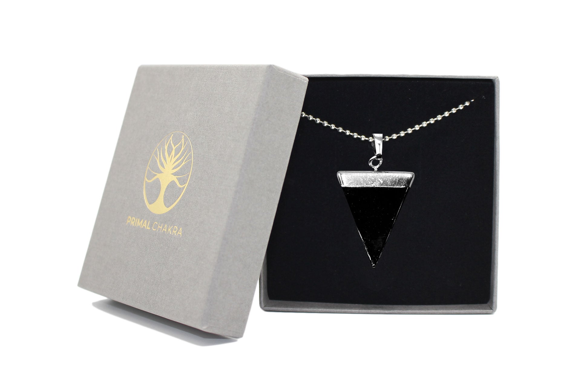 Obsidian Triangle Pendant with Silver Chain Primal Chakra