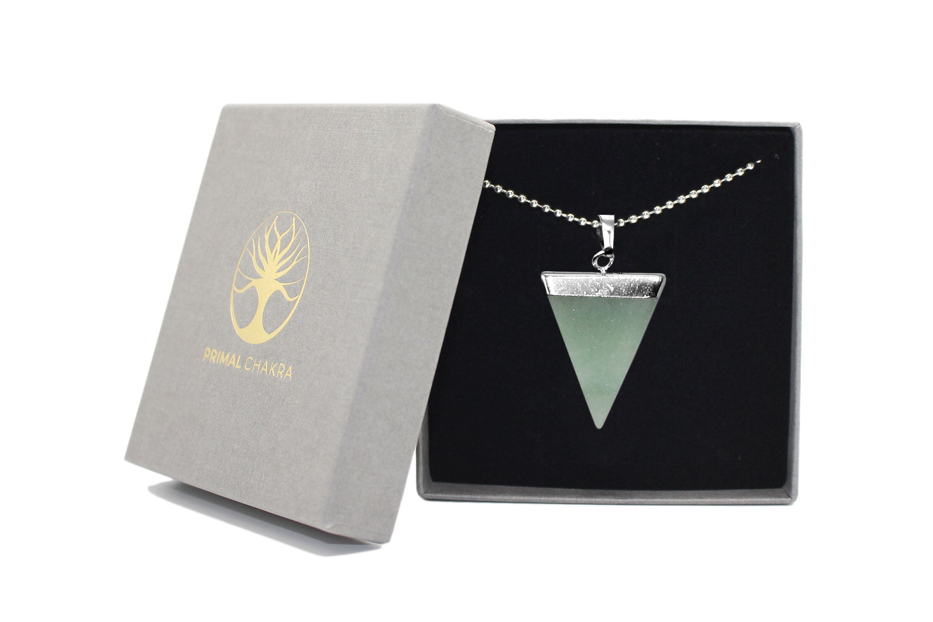 Green Aventurine Triangle Pendant with Silver Chain Primal Chakra