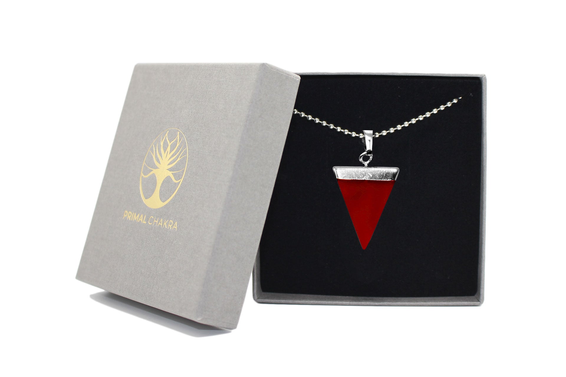 Red Agate Triangle Pendant with Silver Chain Primal Chakra