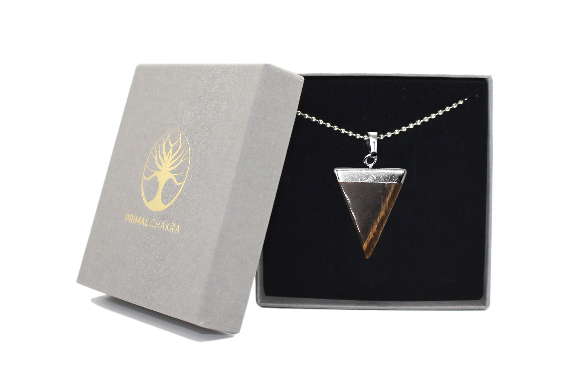 Tiger Eye Triangle Pendant with Silver Chain Primal Chakra