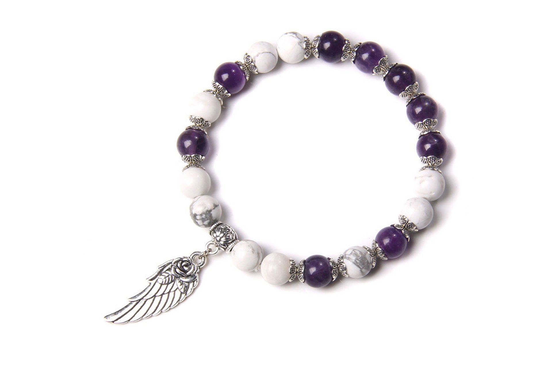 Angel Wing Bracelet with Amethyst & Howlite Beads Primal Chakra