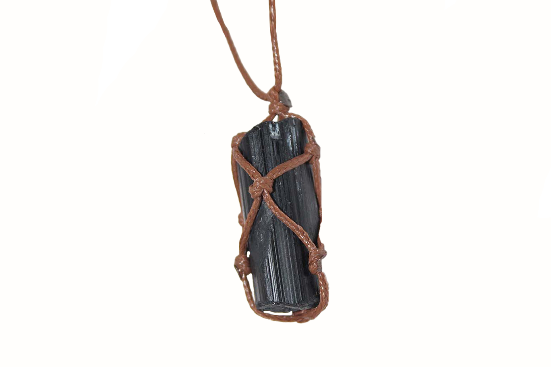 Black Tourmaline Rough Necklace with Winding Braided Brown Cord Primal Chakra