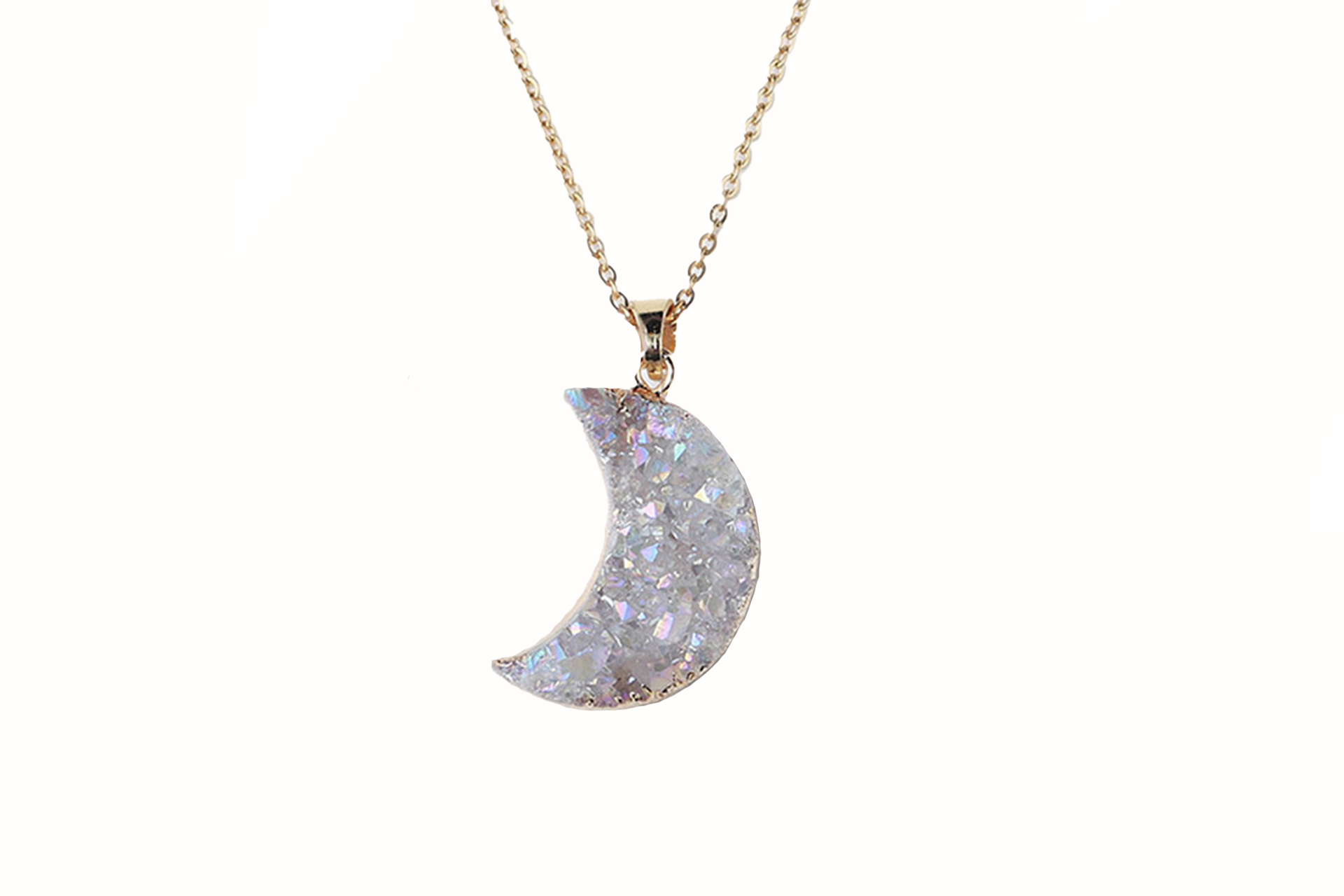 Clear Quartz Crystal Druzy Moon Necklace with Gold Chain Primal Chakra